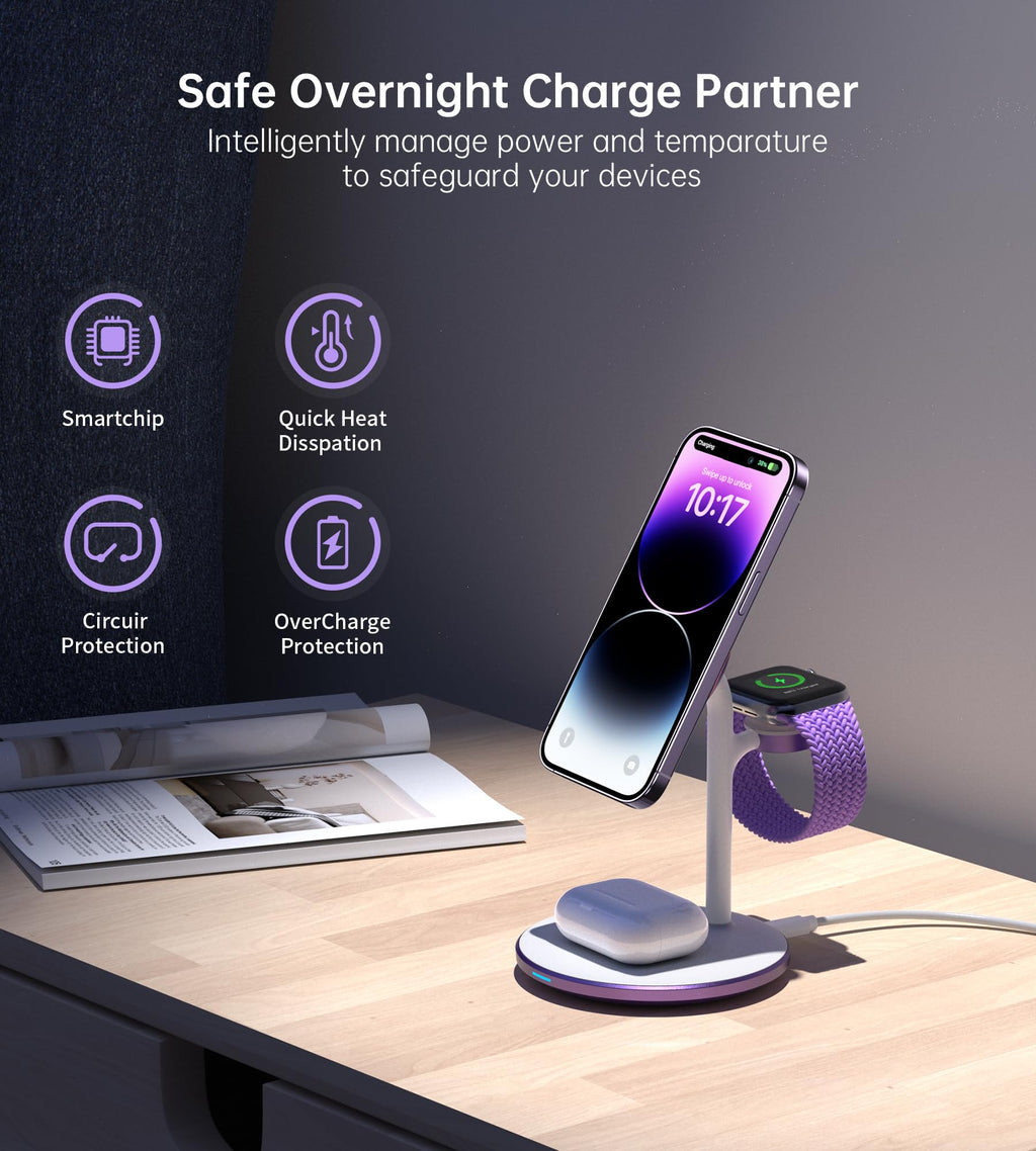 XooFly 3 in 1 Wireless Charging Station for Apple Devices, Fast Wireless Mag-Safe Charger Stand with 20W Adapter for iPhone 17/16 15 14 13 12 Pro Max/Pro/Plus/Air/Mini, iWatch, AirPods (Black)