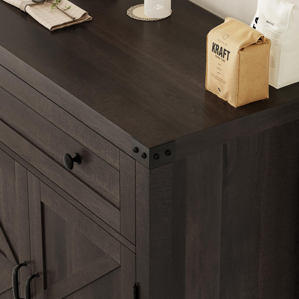 HOSTACK Coffee Bar Cabinet, Kitchen Storage Cabinet, Modern Farmhouse Buffet Sideboard with Drawer and Adjustable Shelf, Barn Door Accent Cabinets for Kitchen, Dining Room, Entryway, Ash Grey