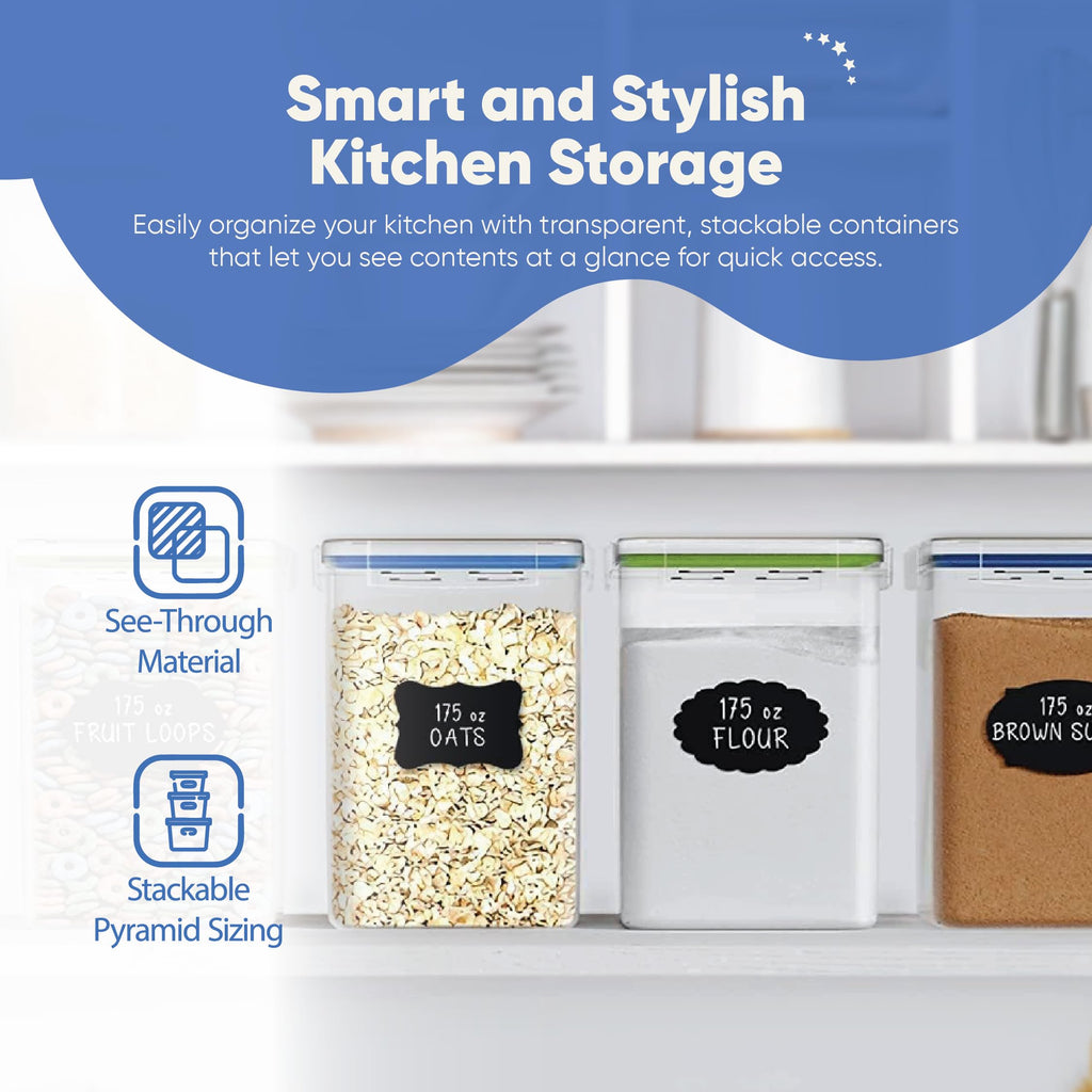 Chef's Path Kitchen Storage Box Set of 4 Extra Large Airtight Food Storage Jars for Sugar Flour Cereal Rice - Measuring Spoons, Pen and Food Preservation Labels (5.2 L)