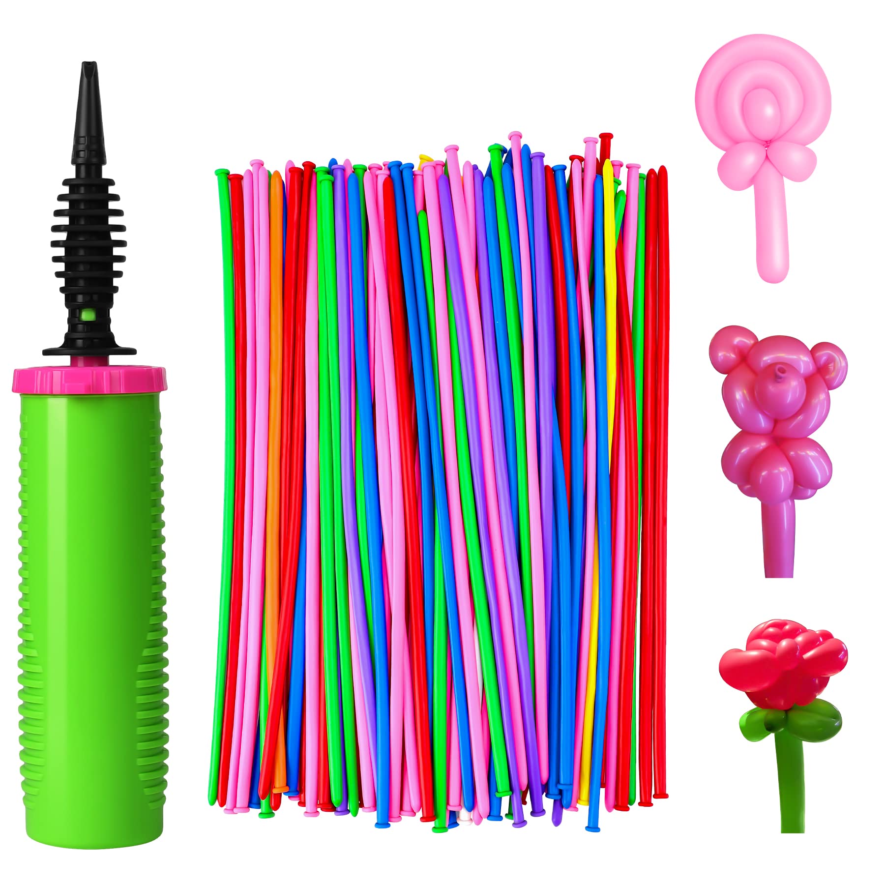 100Pcs 260 Balloons Latex with 1 Hand Balloon Pump Kit, Professional Premium Quality Twisting Magic Long Balloons Assorted Color to Make Animal for Birthday Party Clowns Wedding Decorations