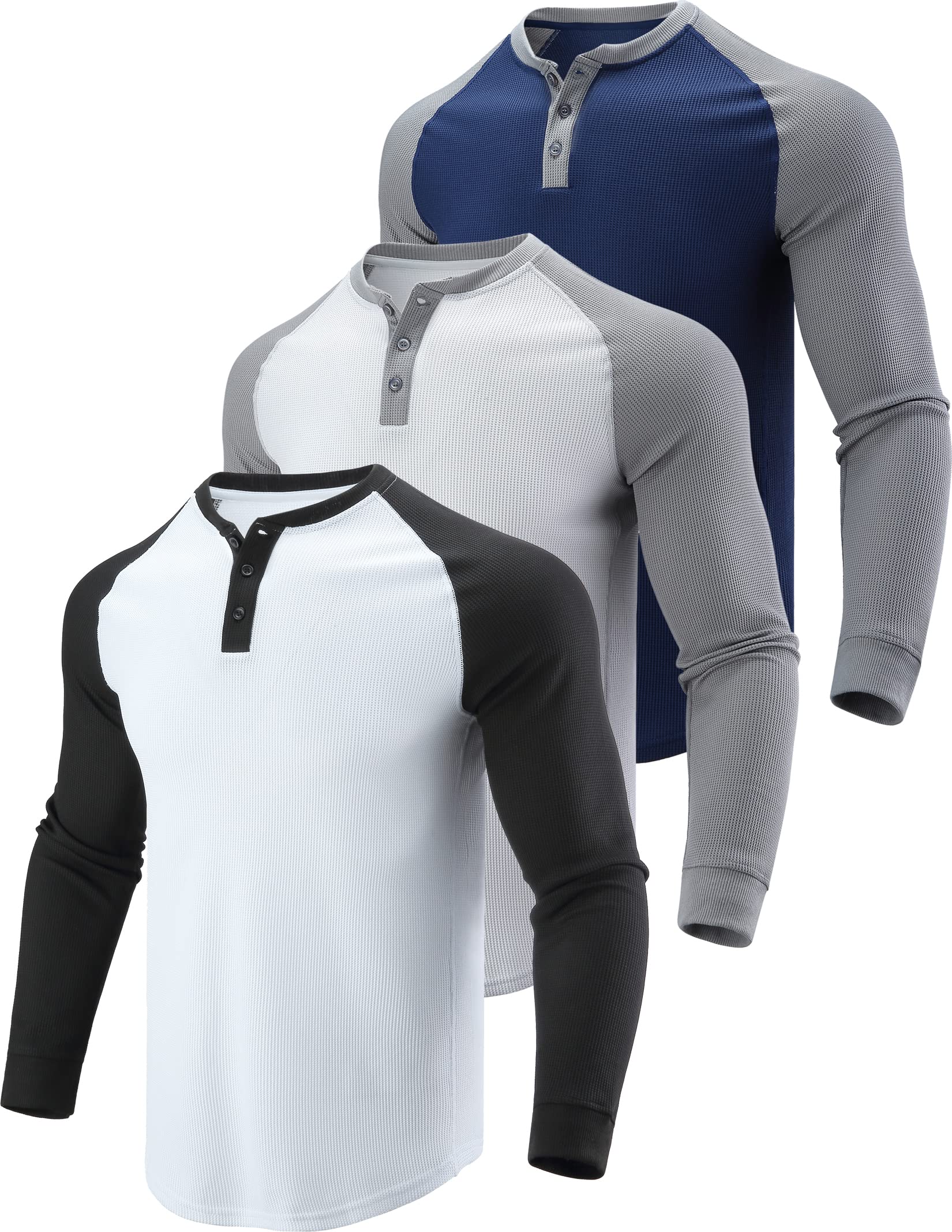 Liberty Pro 3 Pack Mens Waffle Henley Thermal Long Sleeve Shirts, Casual Fitted Fall Shirts for Men