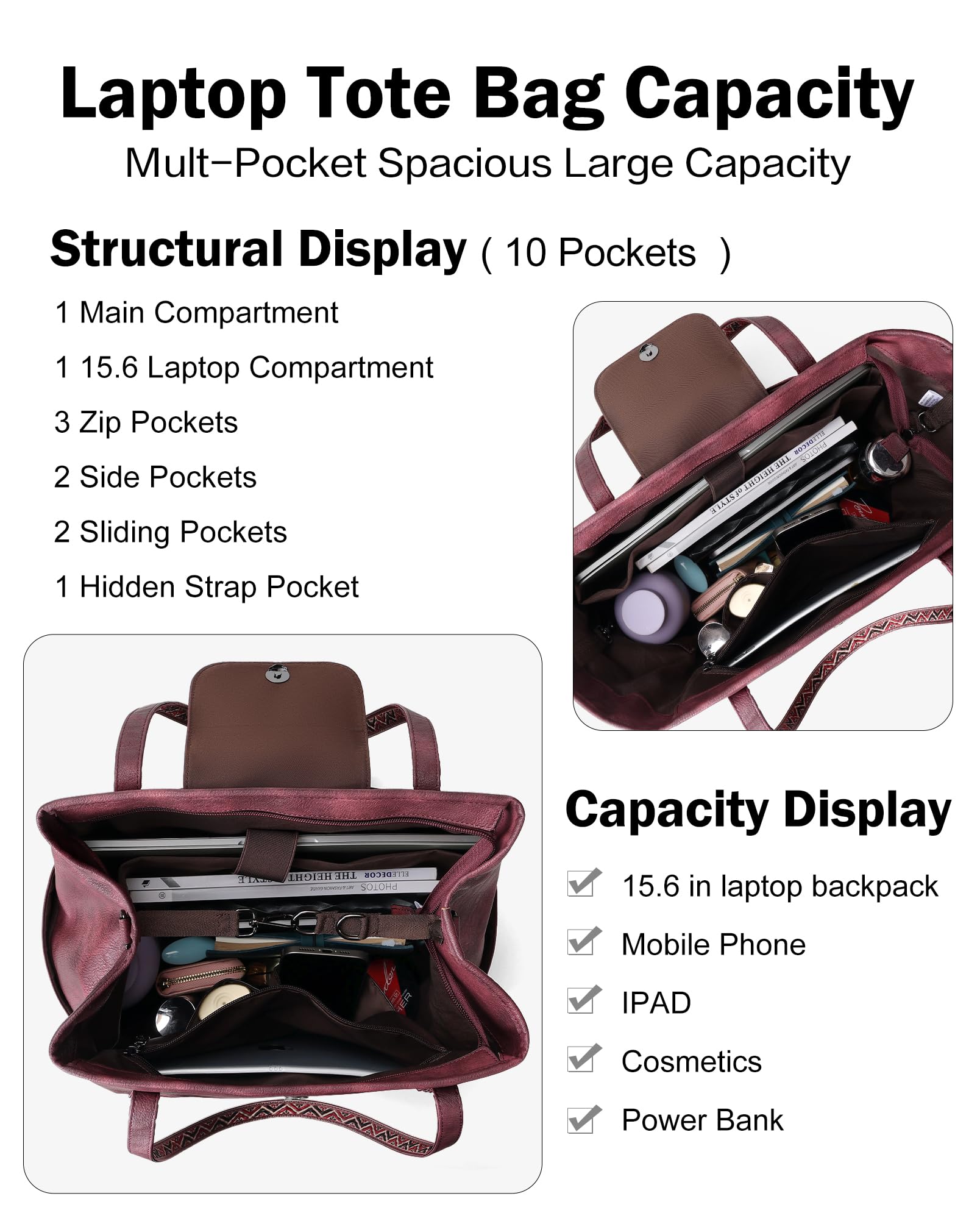 FADEON Large Laptop Tote Bag for Women Designer Leather Laptop Bag Fashion Travel Backpack Purse Shoulder Handbag