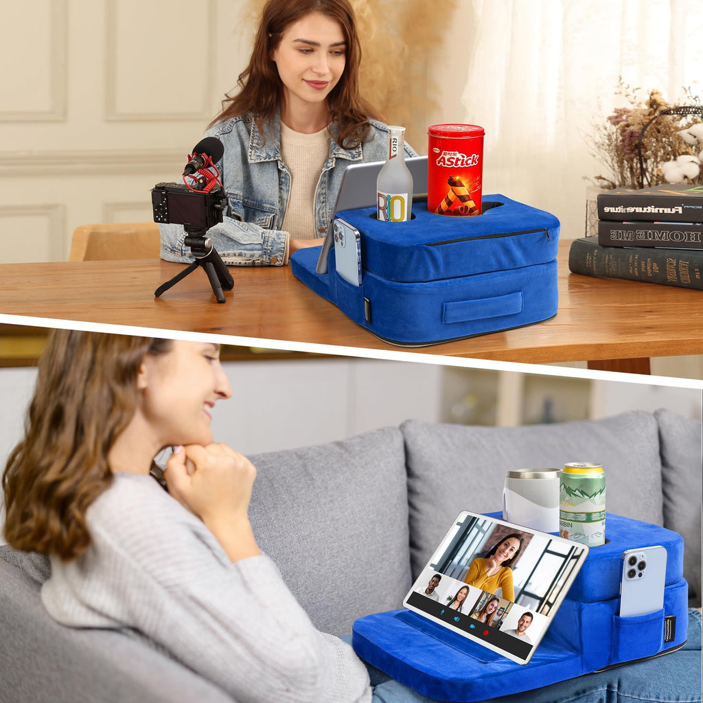 TabCouchCaddy - Couch Cup Holder Tray Pillow - Bed, Couch Caddy, Sofa, RV & Car - Holds Drinks, Snacks, Remotes, Phones, Kindle, Tablet | Bed Cup Holder (Beige)