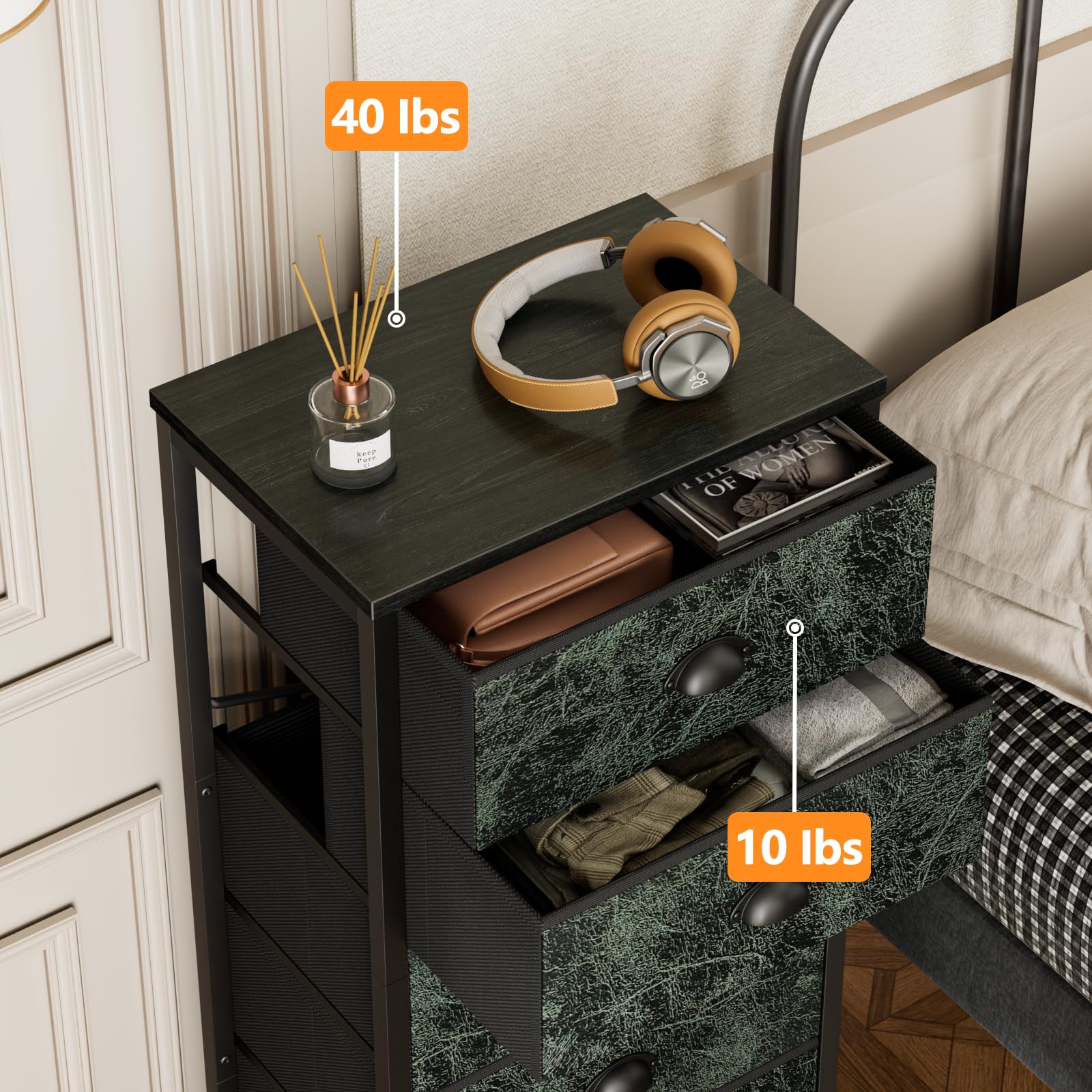 Furnulem Tall Dresser with 6 Drawers,Vertical Bedside End Table & Chest for Bedroom,Black Storage Tower Dorm Nightstand with Fabric Drawer Organizer Unit Furniture in Living Room,Closet,Hallyway