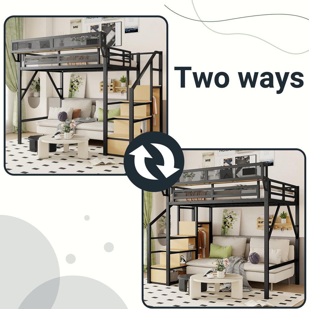 Mirightone Full Size Loft Bed with Stairs, Metal Loft Beds, High Loft Bed Frame with Storage Shelves, Lofted Full Bed with Wardrobe for Kids and Teens, No Box Spring Needed (Black)