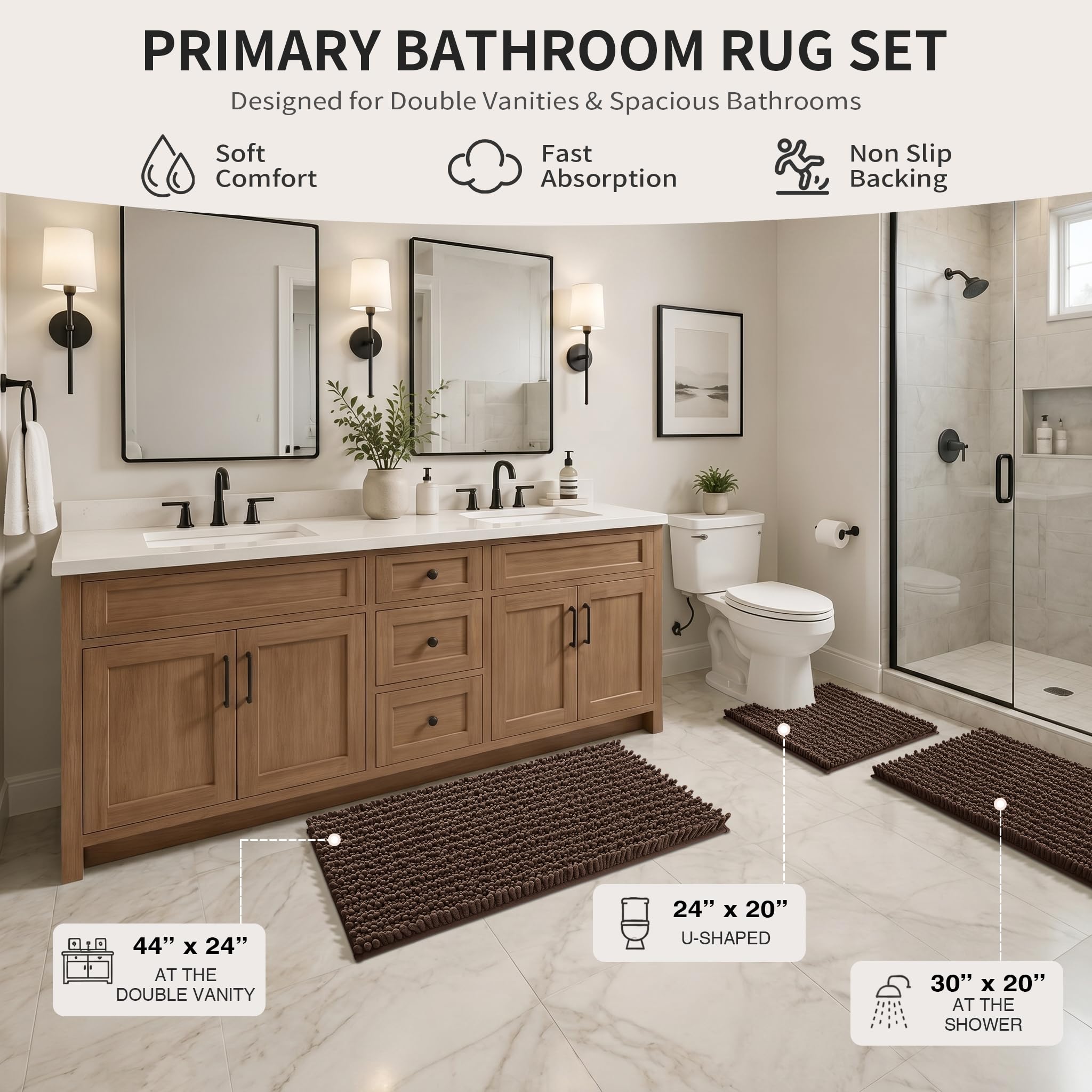 Yimobra Black Bathroom Rug Set 3 Piece - Super Absorbent Quick Dry Chenille Bath Mats & Toilet Rug, Non Slip Machine Washable, Extra Thick Shaggy Floor Mat for Shower Tub Sink