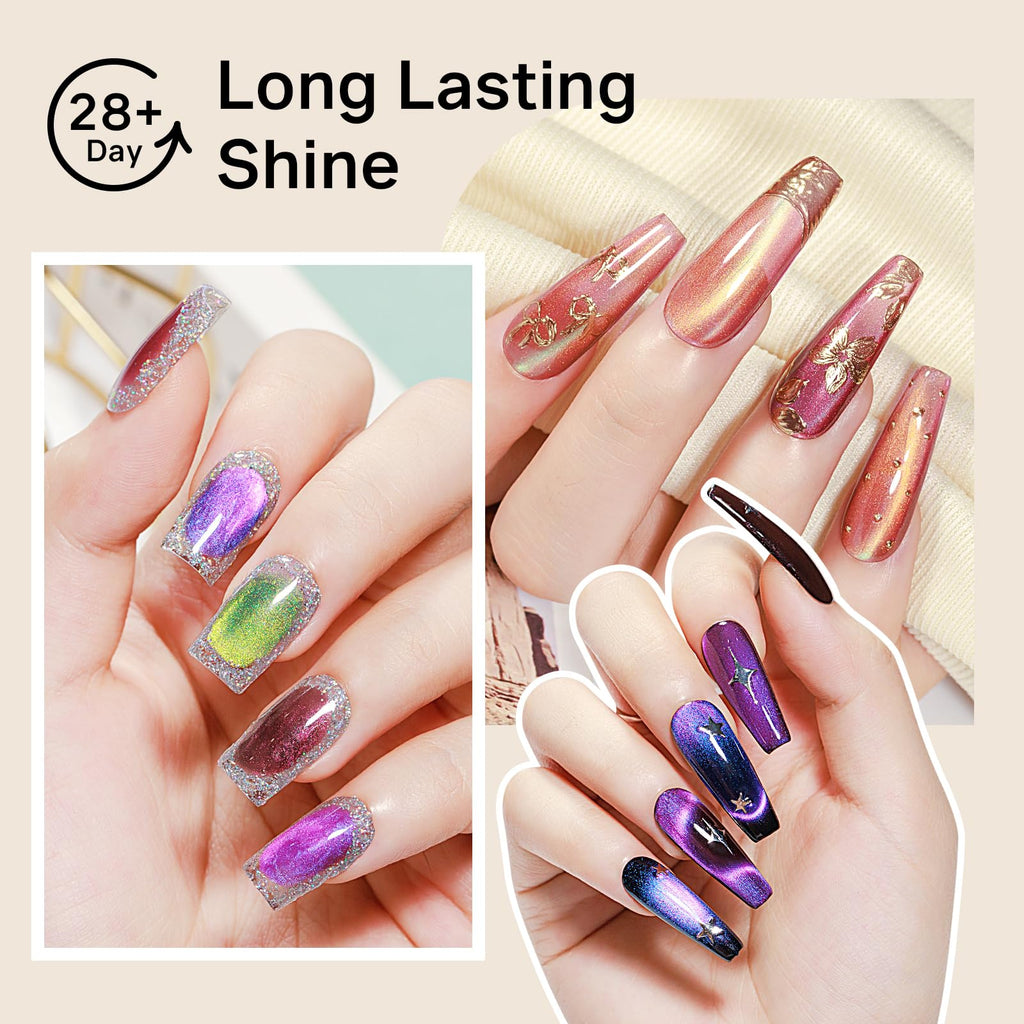 MIZHSE Cat Eye Gel Nail Polish, Moonlight Magnetic Gel Polish and Sheer Nude Nail Kit with 1 Magnet Stick, Glass Shiny Effect Silver Pink Purple Soak Off Manicure Home DIY