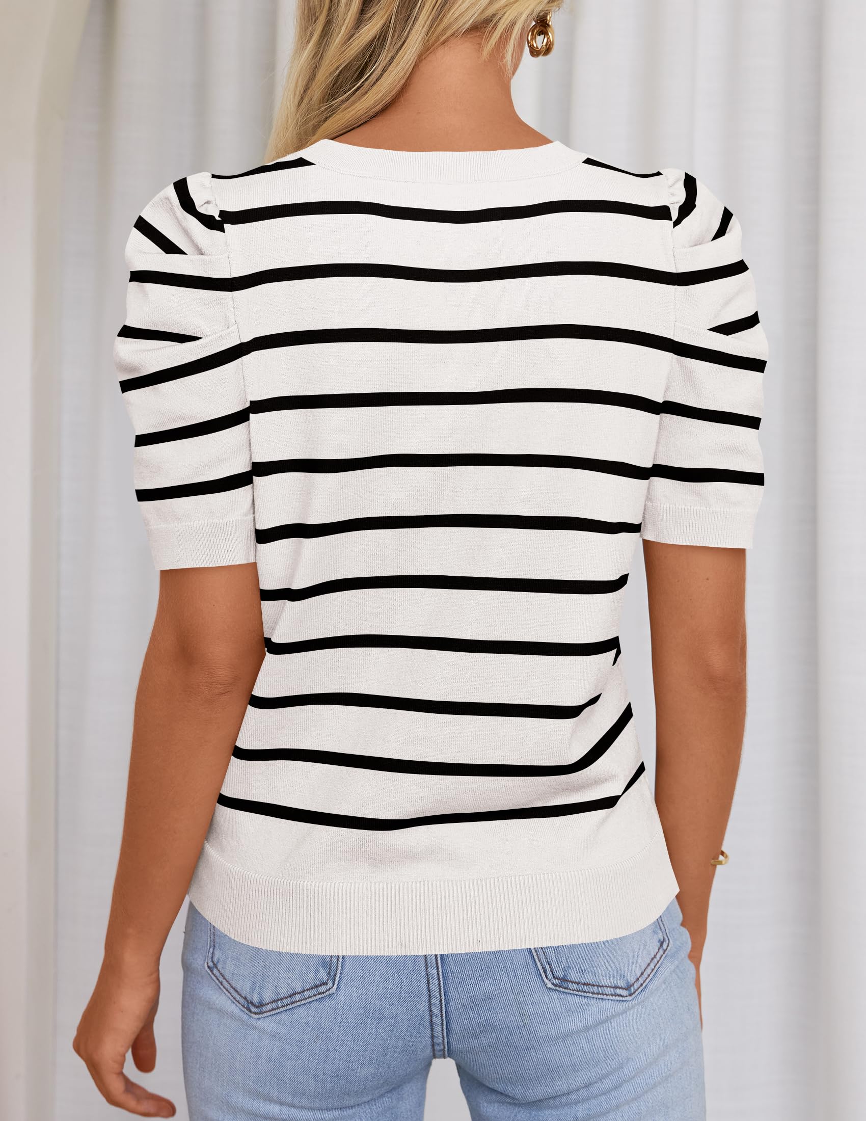 HAEOF Women's Striped Puff Short Sleeve Spring Tops 2026 Summer T Shirts Lightweight Sweater Dressy Casual Cute Work Blouses