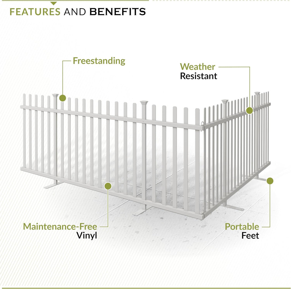 3.5ft H x 7.6ft W (1 Panel) Freestanding Zippity Lightweight Portable Fence Kit, White Vinyl Picket Panel, Portable Outdoor & Indoor Barrier for Temporary Events, Easy Install for Backyard ZP19026