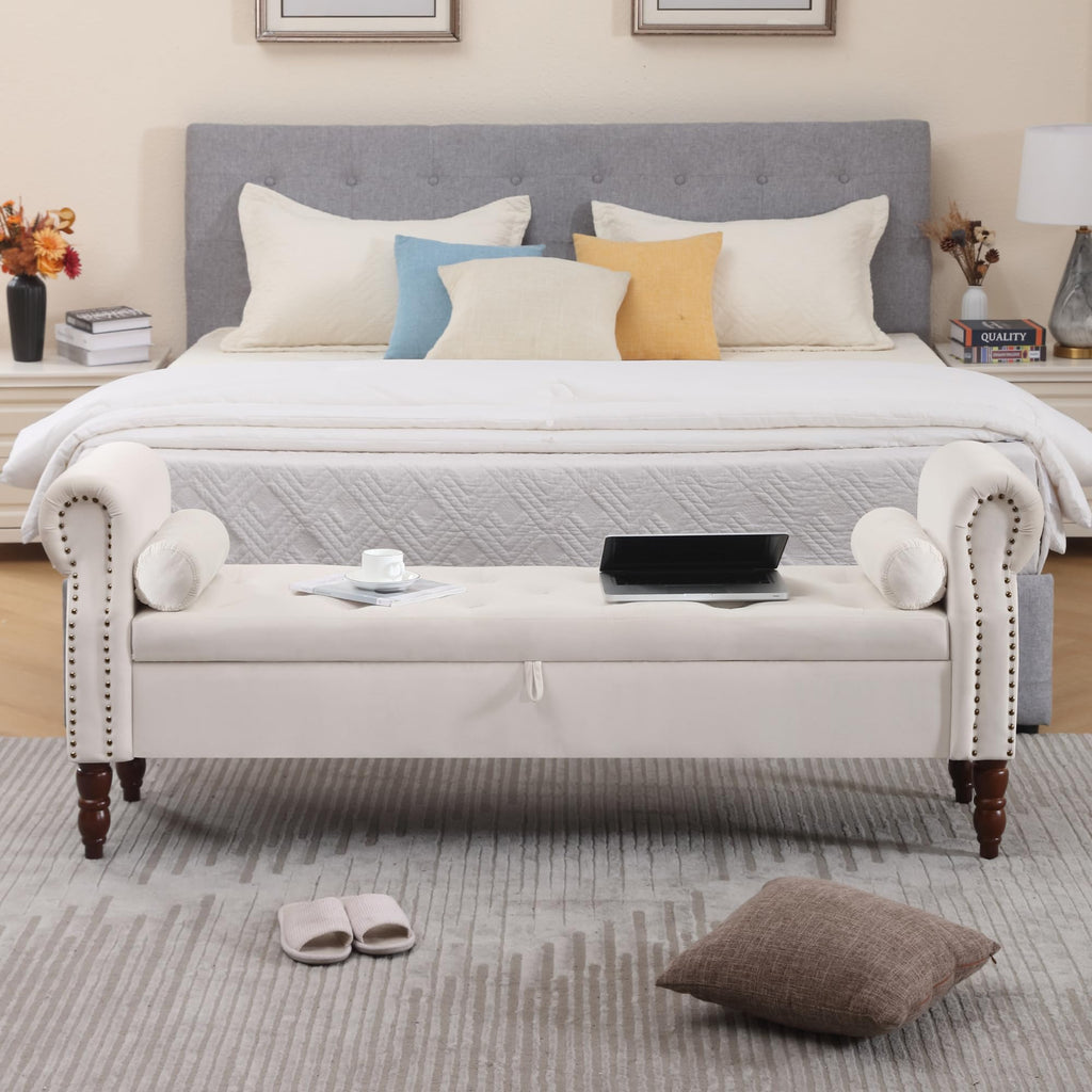 Storage Bench for Bedroom, 67" End of Bed Bench King Size, Velvet Bedroom Bench with Storage, Upholstered Tufted Storage Ottoman Benches with Arms for Bedroom, Entryway, Living Room, Beige