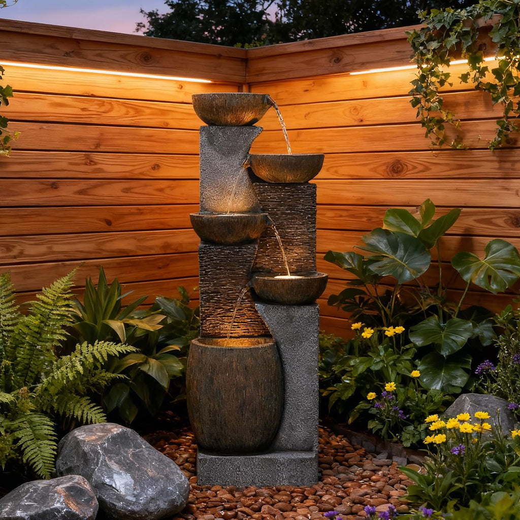 Bumilgar 2-Tier Bowl Water Fountain with LED Lights, 27.95" Tall Freestanding Outdoor & Indoor Garden Waterfall Fountain for Yard, Patio, Backyard, Floor Standing Home Decor