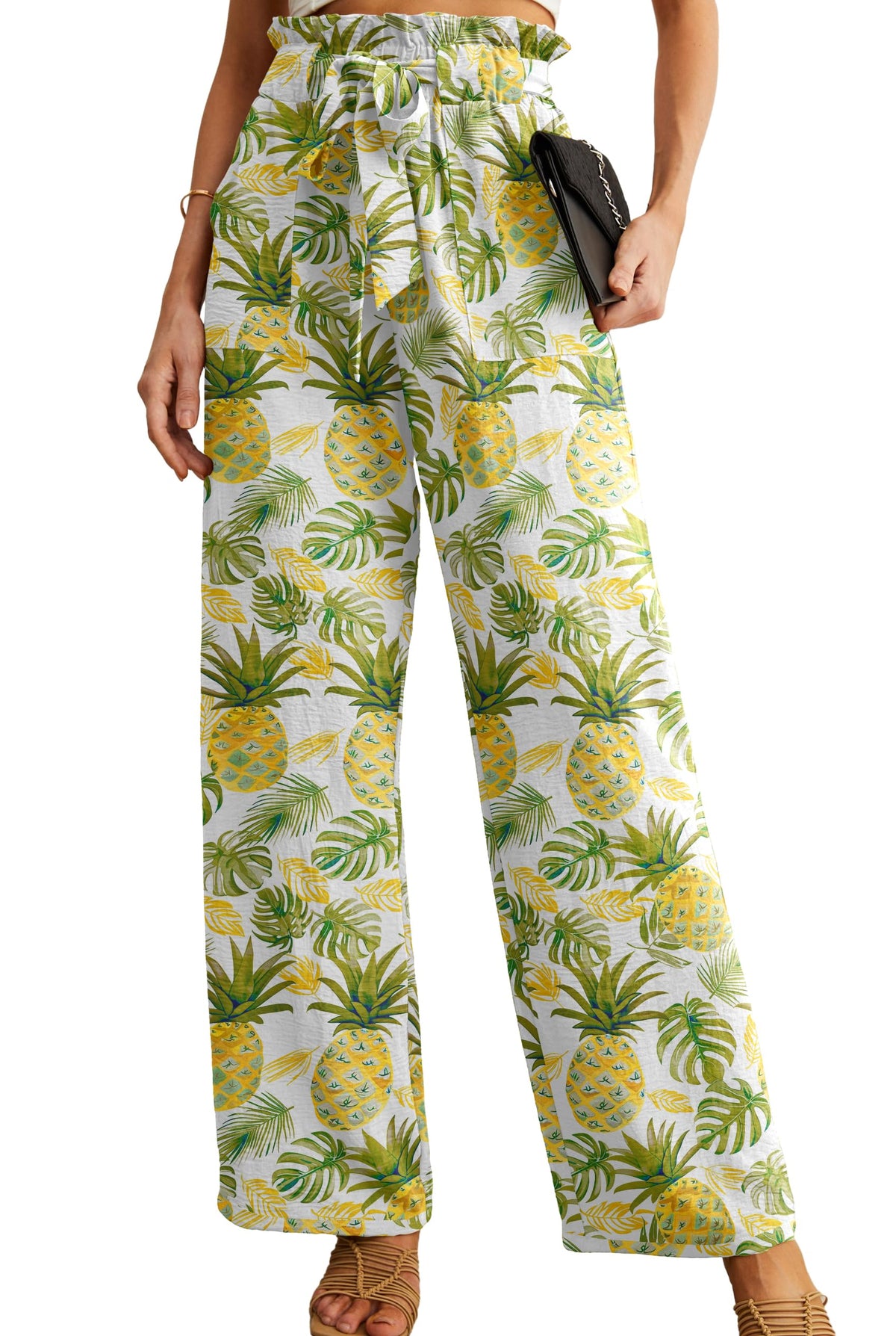 IWOLLENCE Women High Waist Palazzo Pants, Adjustable Knot Ankle Wide Leg Trousers Pockets Beach Vacation Lounge Office