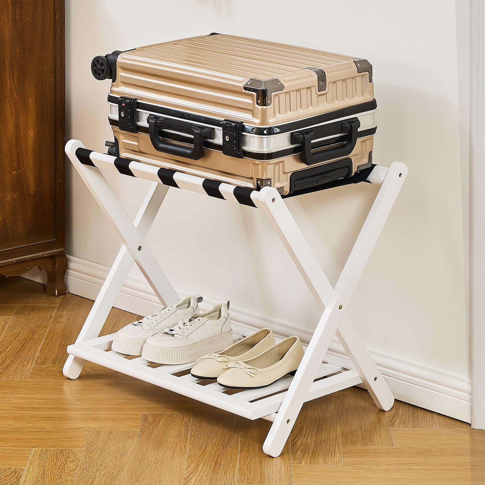 oakvivo Fully Assembled Black Luggage Rack for Guest Room, Bamboo Foldable Suitcase Stand with 5 Nylon Straps, Upgraded Luggage Rack Holder with Shelf for Bedroom Hotel, Holds up to 165 Lbs, 1pcs