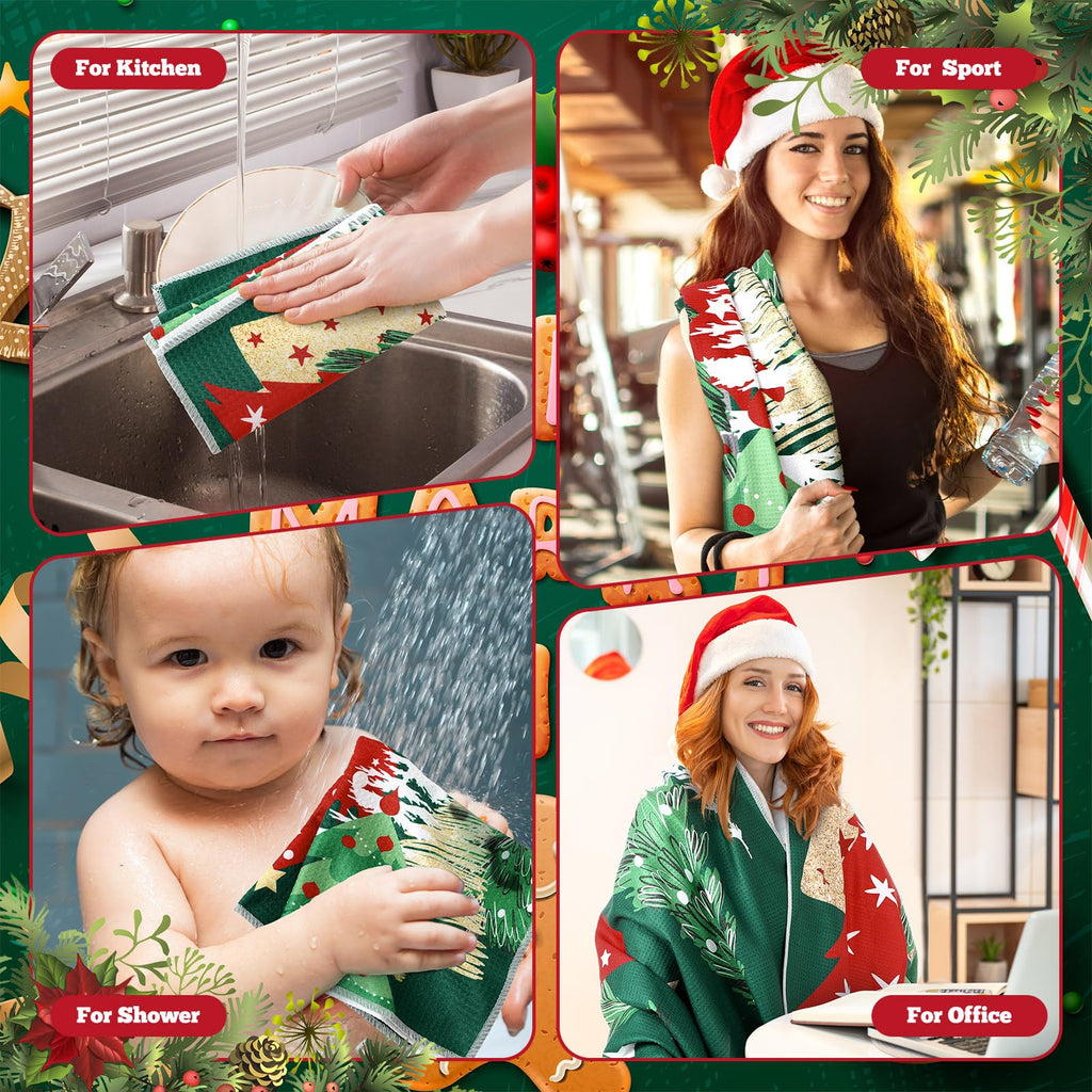 Preboun 3 Pack Christmas Gnome Bathroom Towels Set - Christmas Tree Hand Towels, Winter Snowflake Bath Towels, Soft Absorbent Dish Towels for Bathroom, Kitchen, Home, Hotel, Beach, Gym, Spa