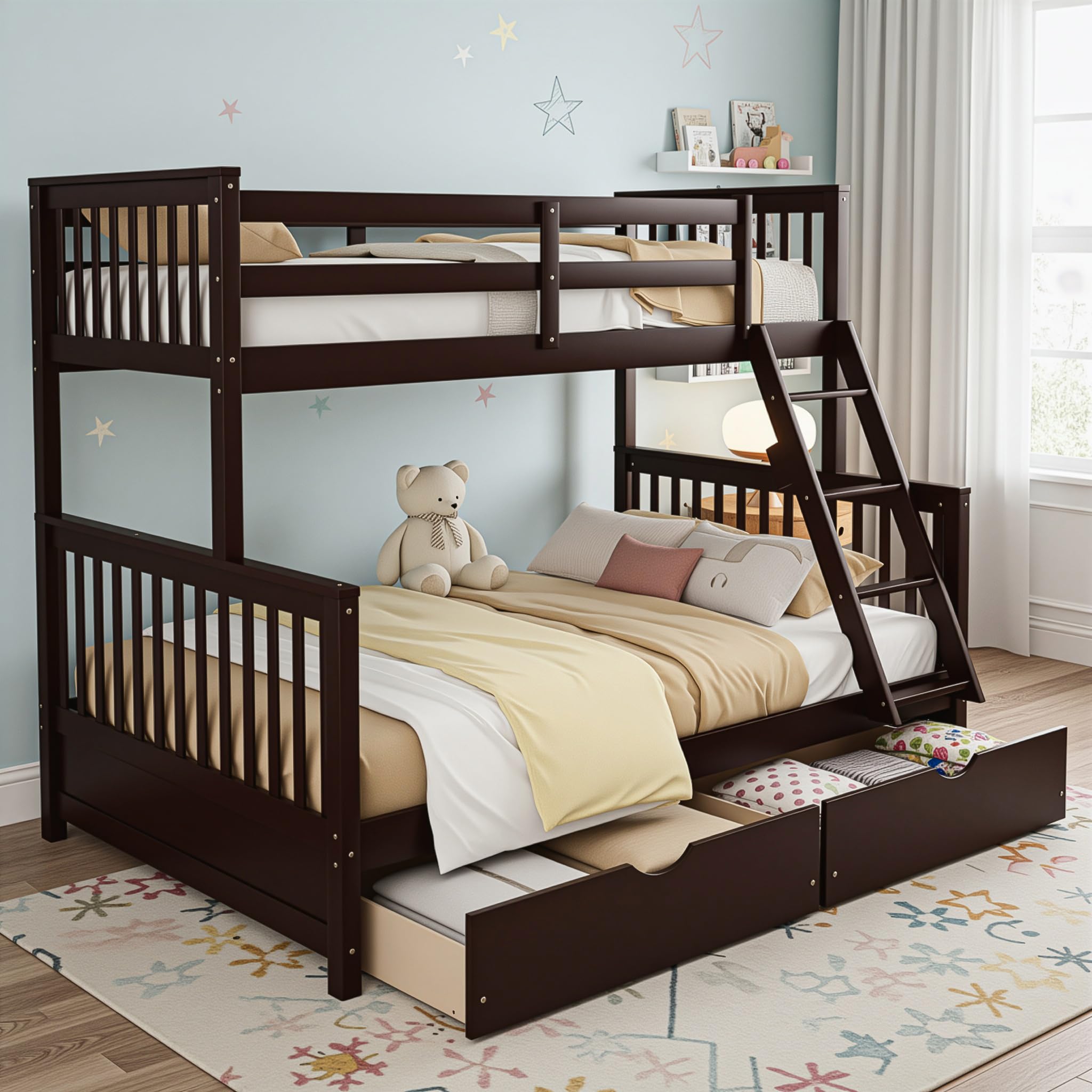 Merax Wood Bunk Bed with Two Drawers,Convertible Wood Bunk Bed with Ladders and Two Storage Drawers,Solid Wood Detachable Bed Frame with Ladders, Twin Over Full Size, Espresso