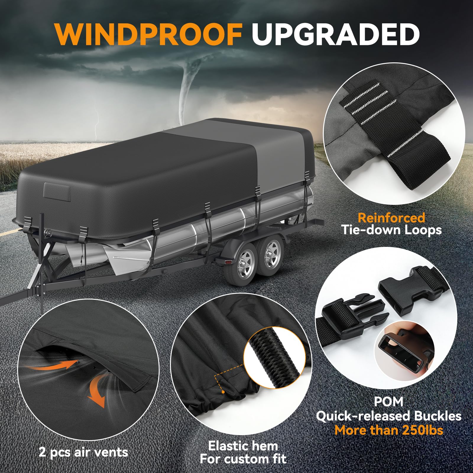 5-Ply 1600D+1200D Pontoon Boat Cover - Fully Waterproof & Ultra-Durable Tear-Resistant, with Large Storage Bag & Reinforced Windproof Straps (Fits 17'-20' Length,102" Width)