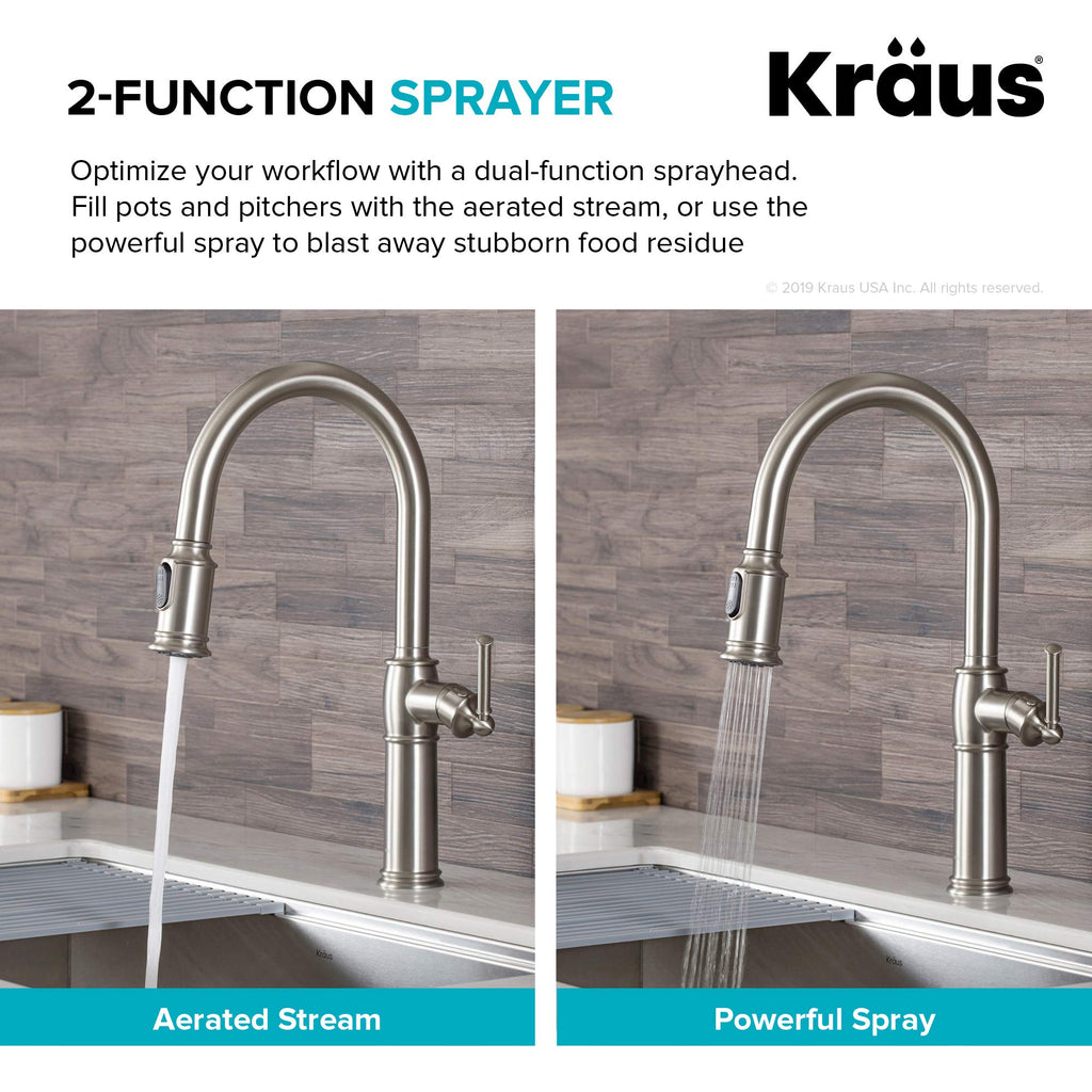 KRAUS Allyn Transitional Bridge Kitchen Faucet with Pull-Down Sprayhead in Brushed Gold, KPF-3121BG