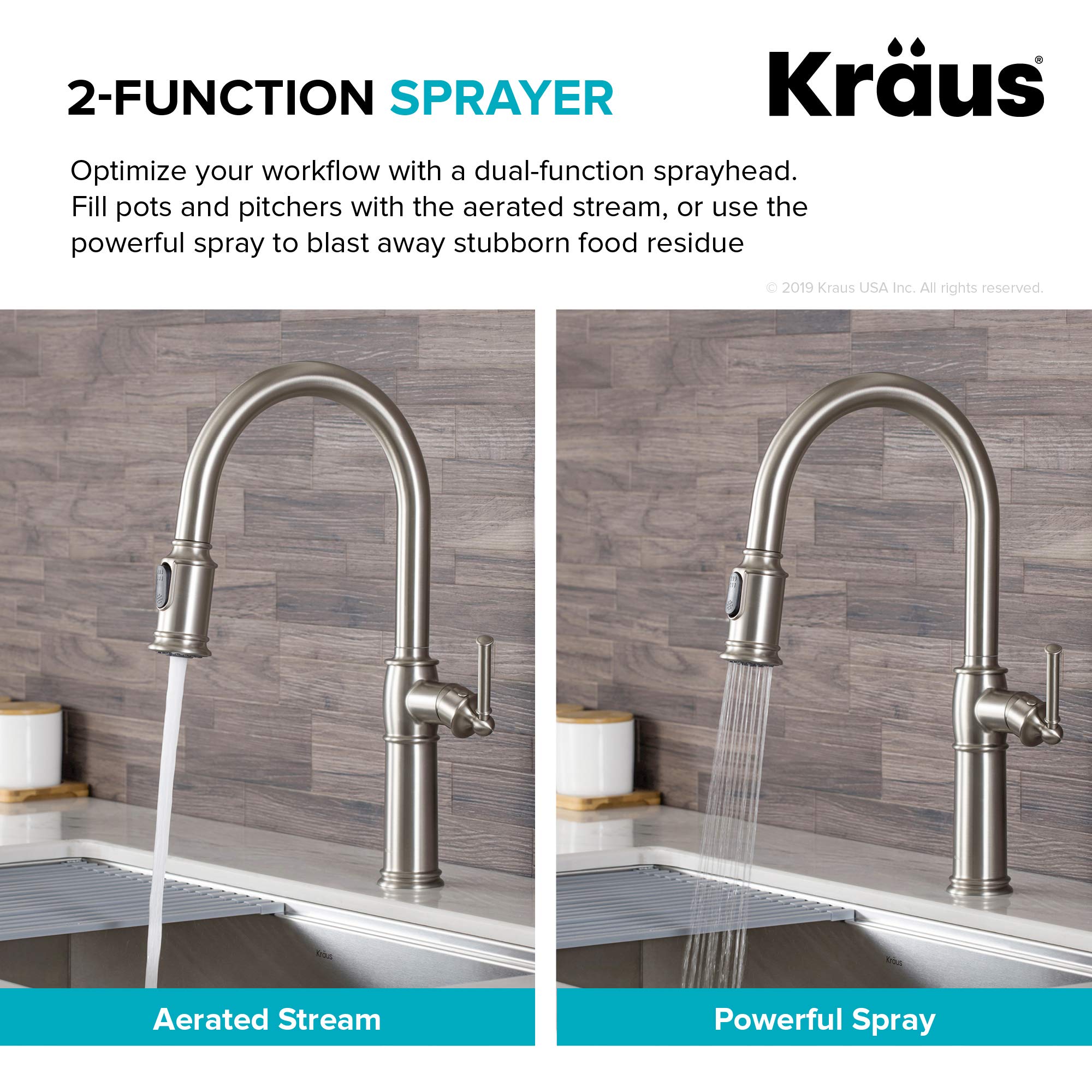 KRAUS Allyn Transitional Bridge Kitchen Faucet with Pull-Down Sprayhead in Brushed Gold, KPF-3121BG