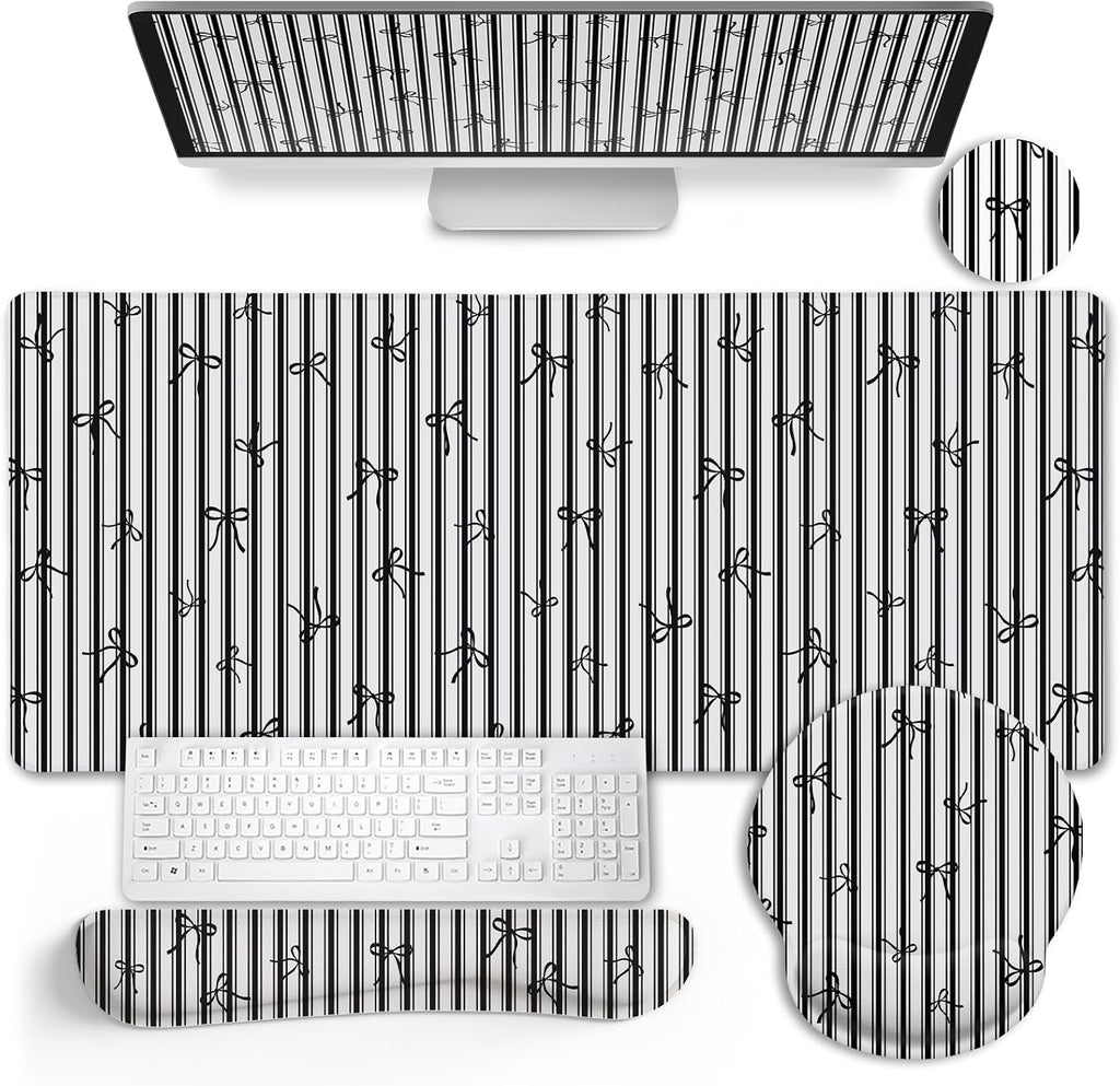 Black Striped Ergonomic Large Desk Mat Set with Wrist Rest