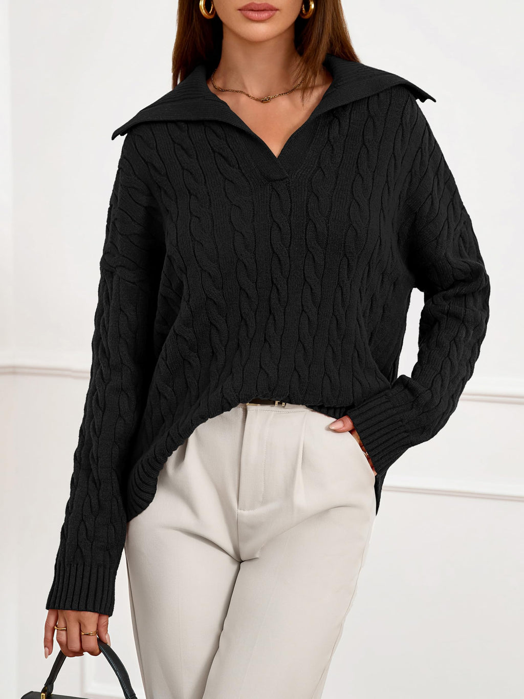 PRETTYGARDEN Spring Cable Knit Oversized Sweaters for Women 2026 Polo V Neck Long Sleeve Casual Chunky Sweater Pullover Tops