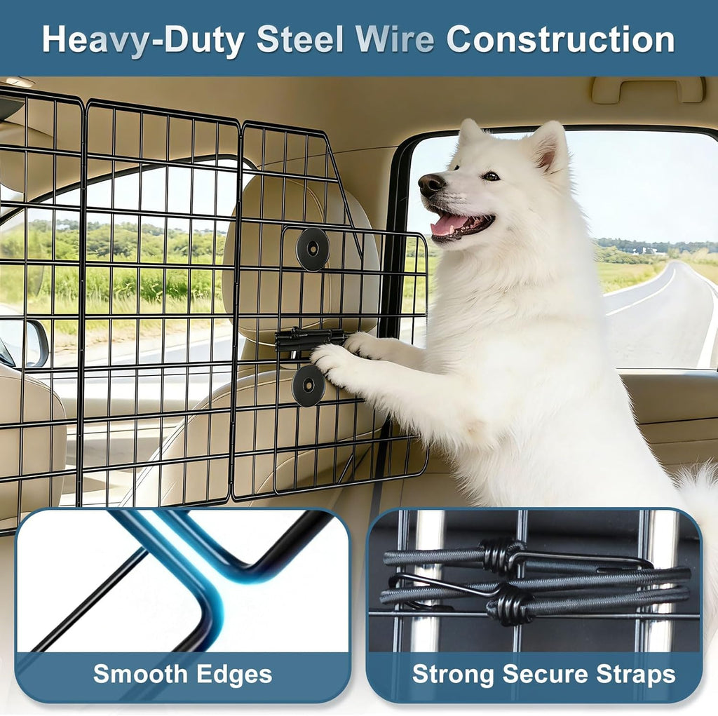 FEED GARDEN Dog Car Barrier for SUVs, Adjustable Universal-Fit Heavy-Duty Wire Mesh Pet Divider for Vehicles, Trucks, Vans, Car Accessories Safety Travel, Triple Folding (36.6"-60.6")