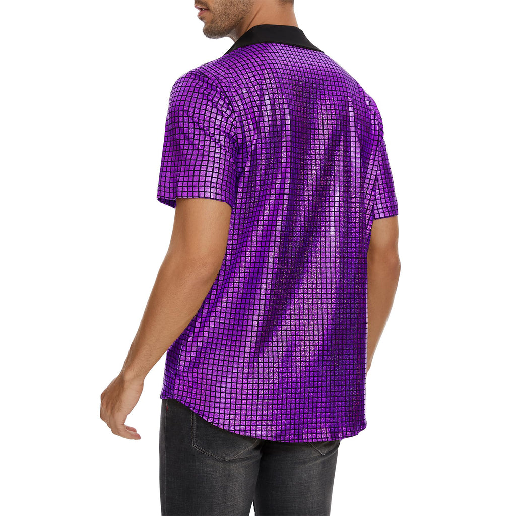 Zando Men's Sequin 70s 80s Disco Shirt - Retro Short Sleeve Button Up Costume Halloween New Year Party Outfit Top & Clubwear