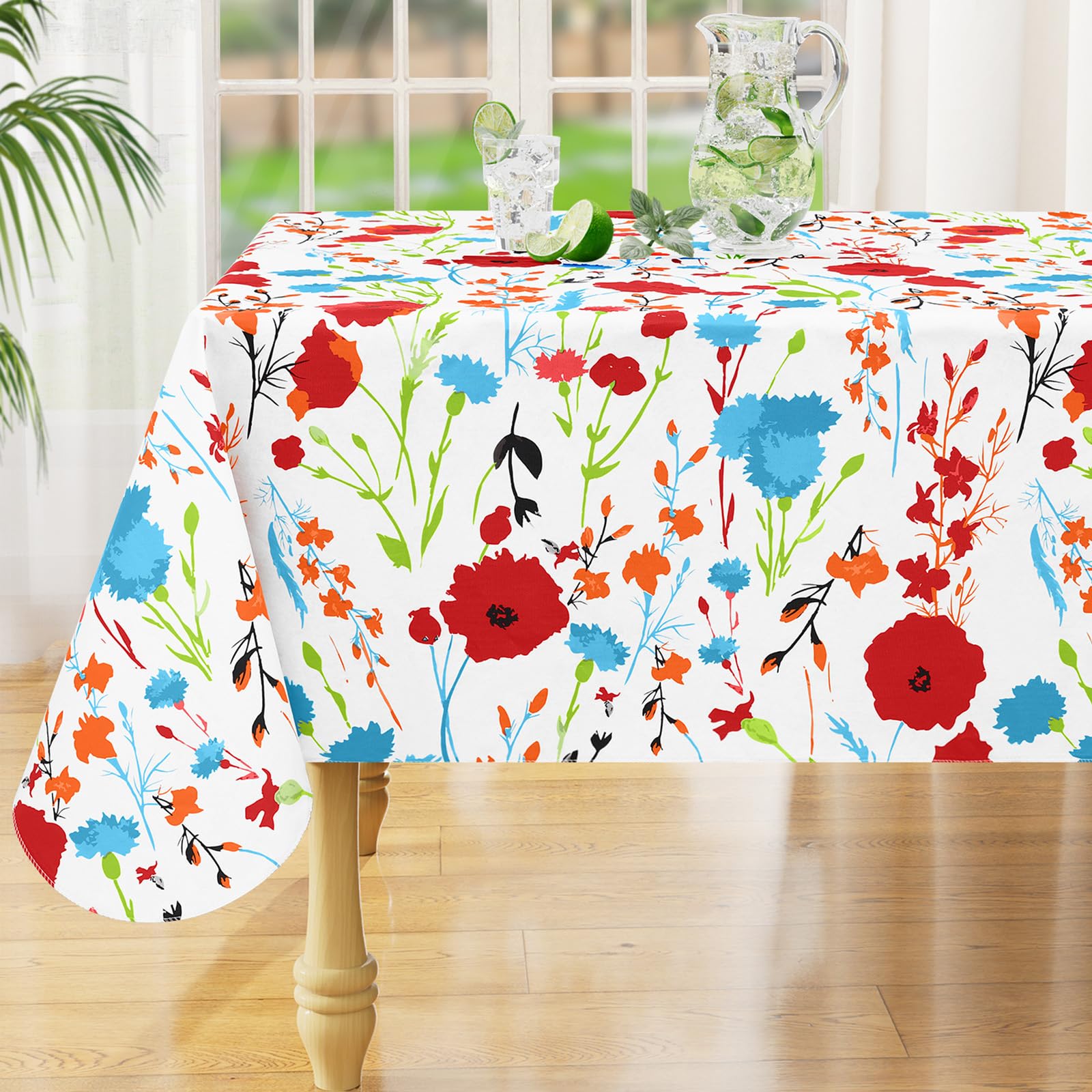 misaya Square Waterproof Vinyl Table Cloth, Wipeable Tablecloth with Flannel Backing, Plastic Table Cover for Dinner, Picnic, Indoor and Outdoor (Blue Leaves, 54" x 54")