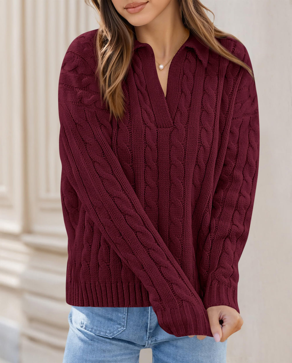 PRETTYGARDEN Spring Cable Knit Oversized Sweaters for Women 2026 Polo V Neck Long Sleeve Casual Chunky Sweater Pullover Tops