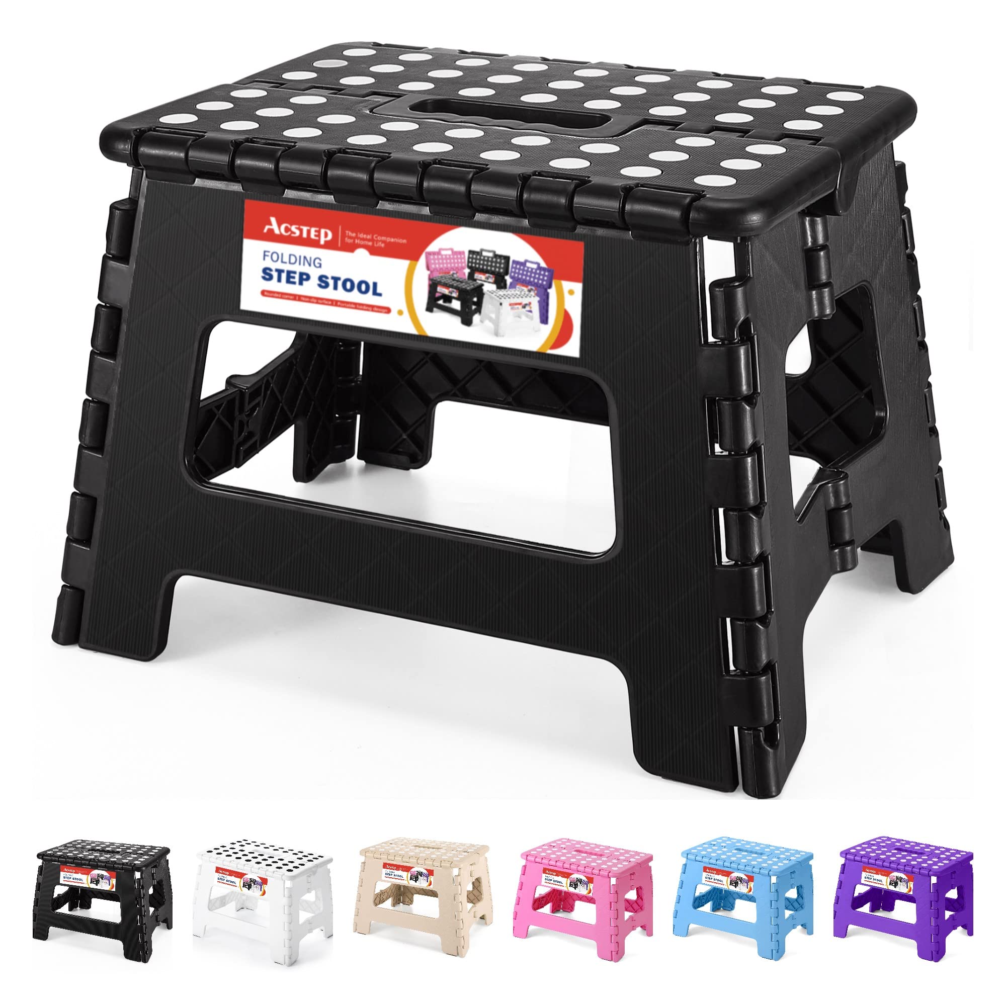 ACSTEP 9 Inch Folding Step Stool 300 LB Capacity Plastic Foldable Step Stools for Kids and Adults, Folding Stool Suitable for Kitchen, Stepping Stool with Handle Bicolor Green Small Step Stool 1PC
