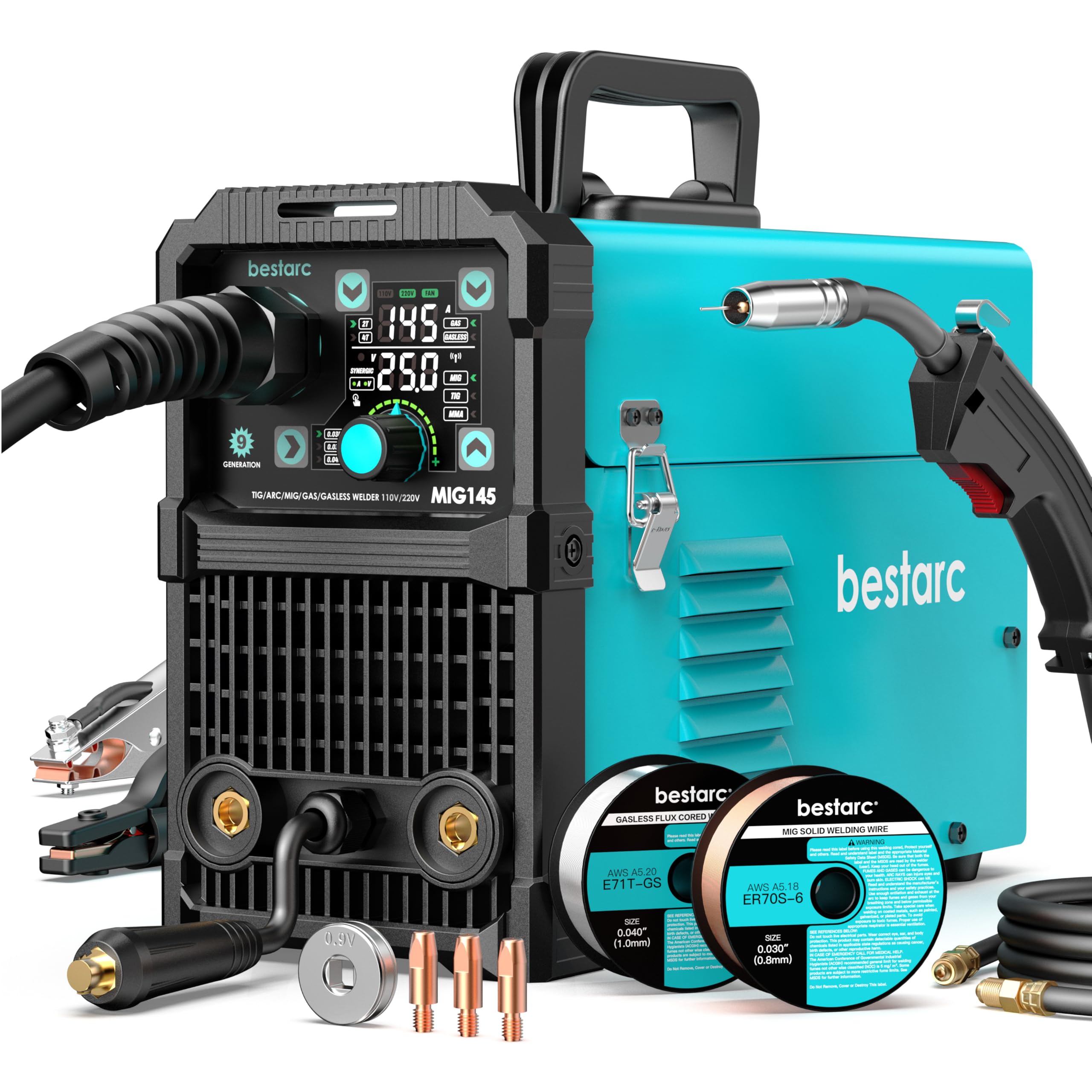 Bestarc 145A MIG Welder, 110V 220V 4 in 1 Gas/Flux Core MIG/Lift TIG/Stick Welder Machine, Large LED Display Welding Machine, IGBT Inverter Welder MIG145 Soild Gasless Synergy MIG Welder