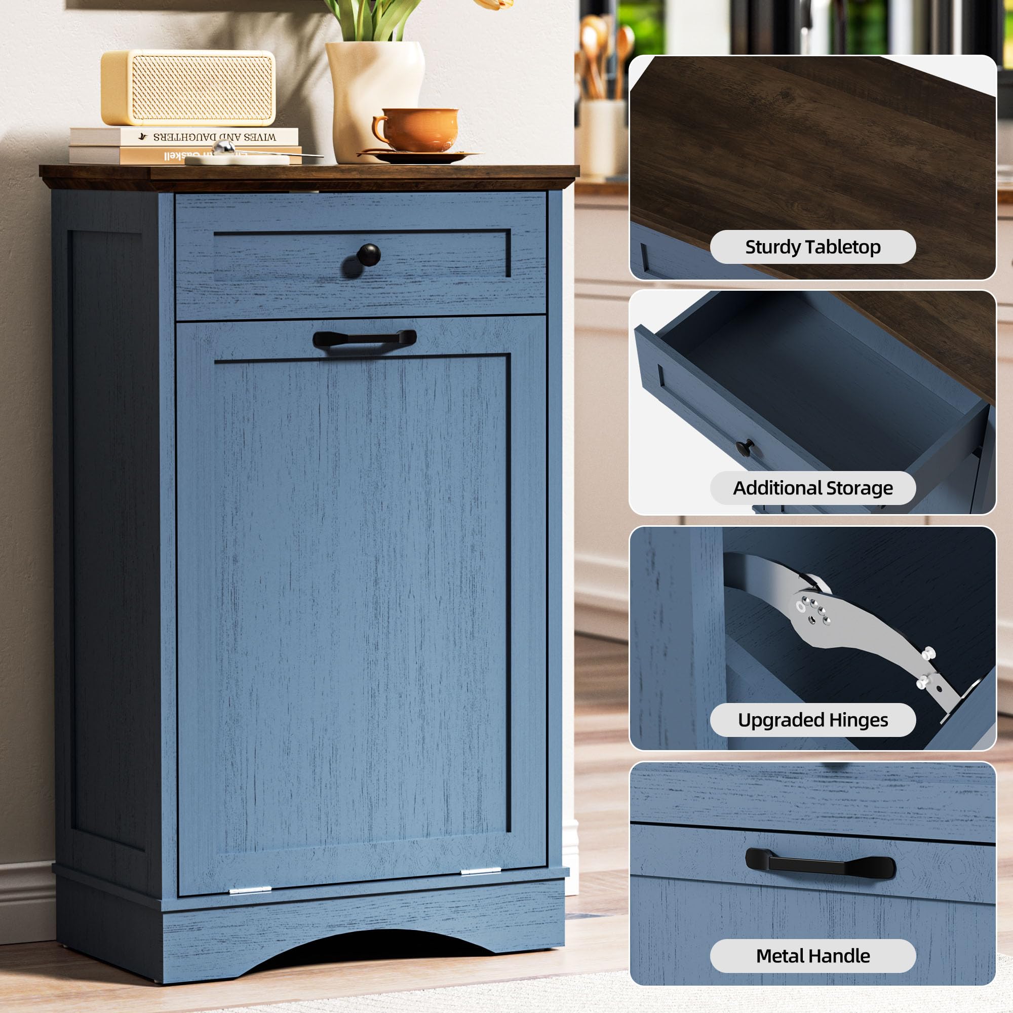 AHB Double Tilt Out Trash Can Cabinet Freestanding Kitchen Trash Can, 2x13 Gallons Hidden Garbage Recycling Cabinet with Hideaway Drawers Pet Proof Trash Can Holder for Kitchen, Antique White