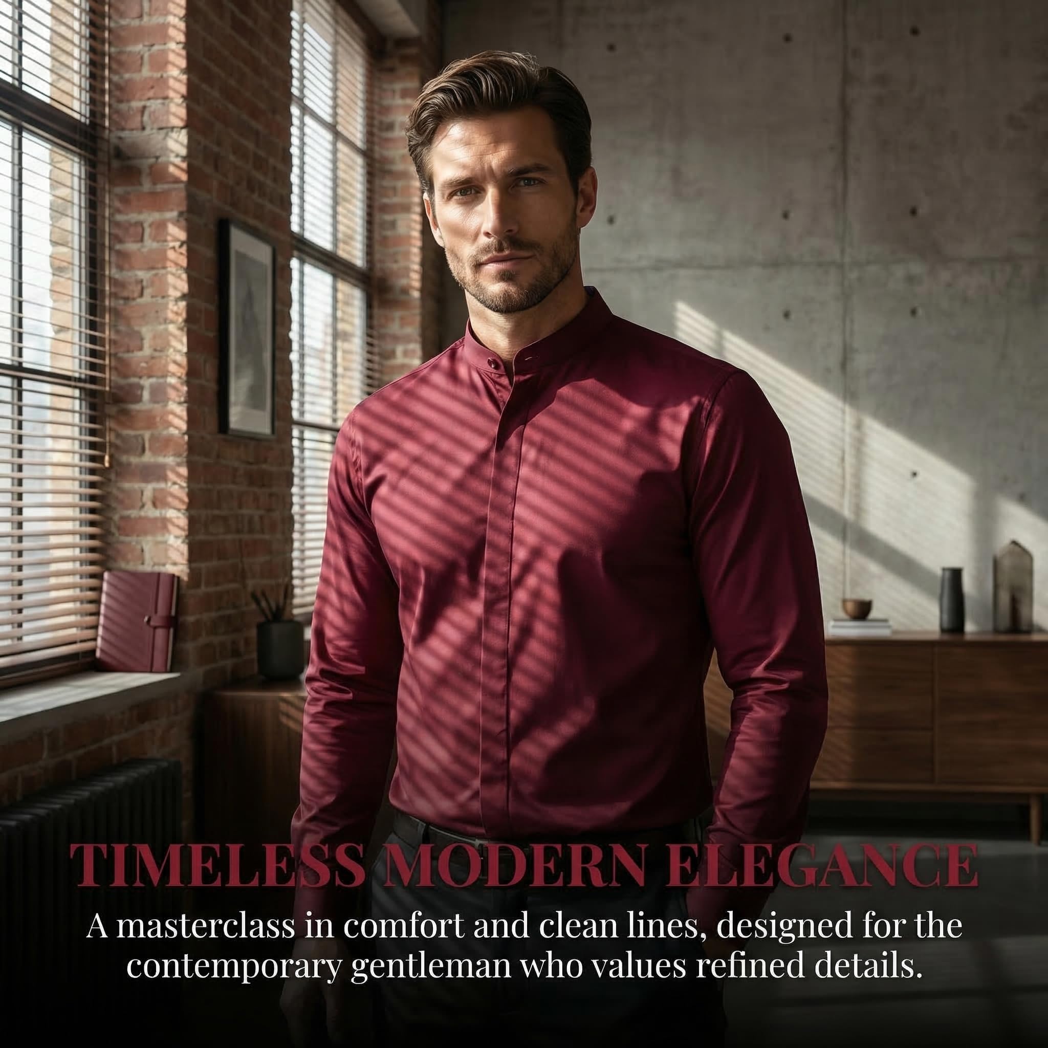 Men’s Banded Collar(Mandarin Collar) Long Sleeve Casual Solid Fancy Dress Shirts