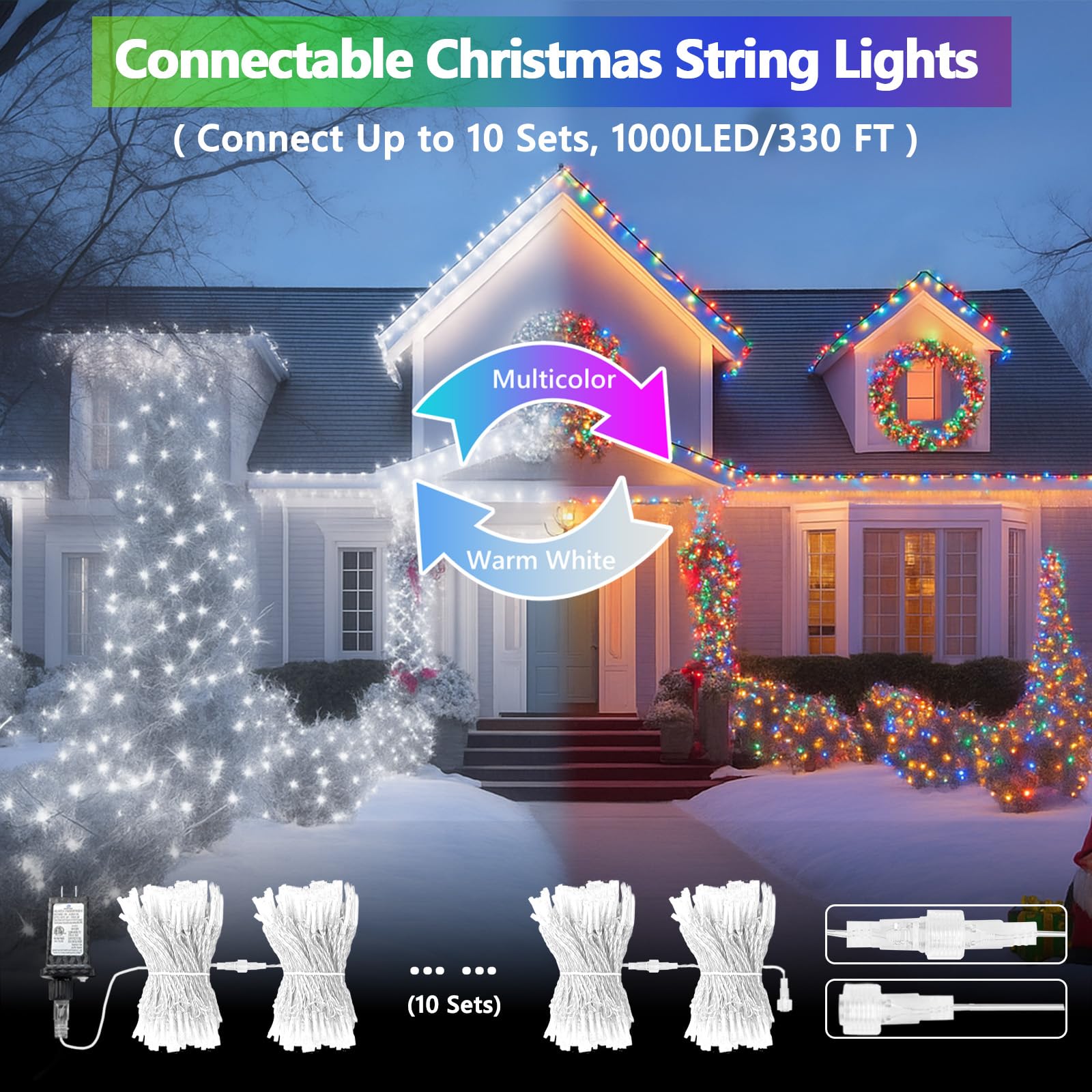 Connectable 100 LED String Lights Indoor Outdoor, 33FT Warm White Christmas Lights Waterproof, 13 Modes with Timer, Twinkle Fairy Lights Plug in Clear Wire for Christmas Tree, Bedroom, Classroom Decor