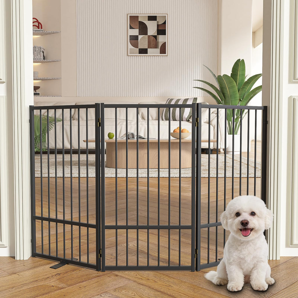 SNUOWU Full Metal Freestanding Dog Gate with Door, 24'' Height Foldable Pet Dog Fence for Indoor & Outdoor, 2 Panels Extra Wide Free Standing SmallDog Gates for Doorways,House,Stairs,Porch,Deck,Yard