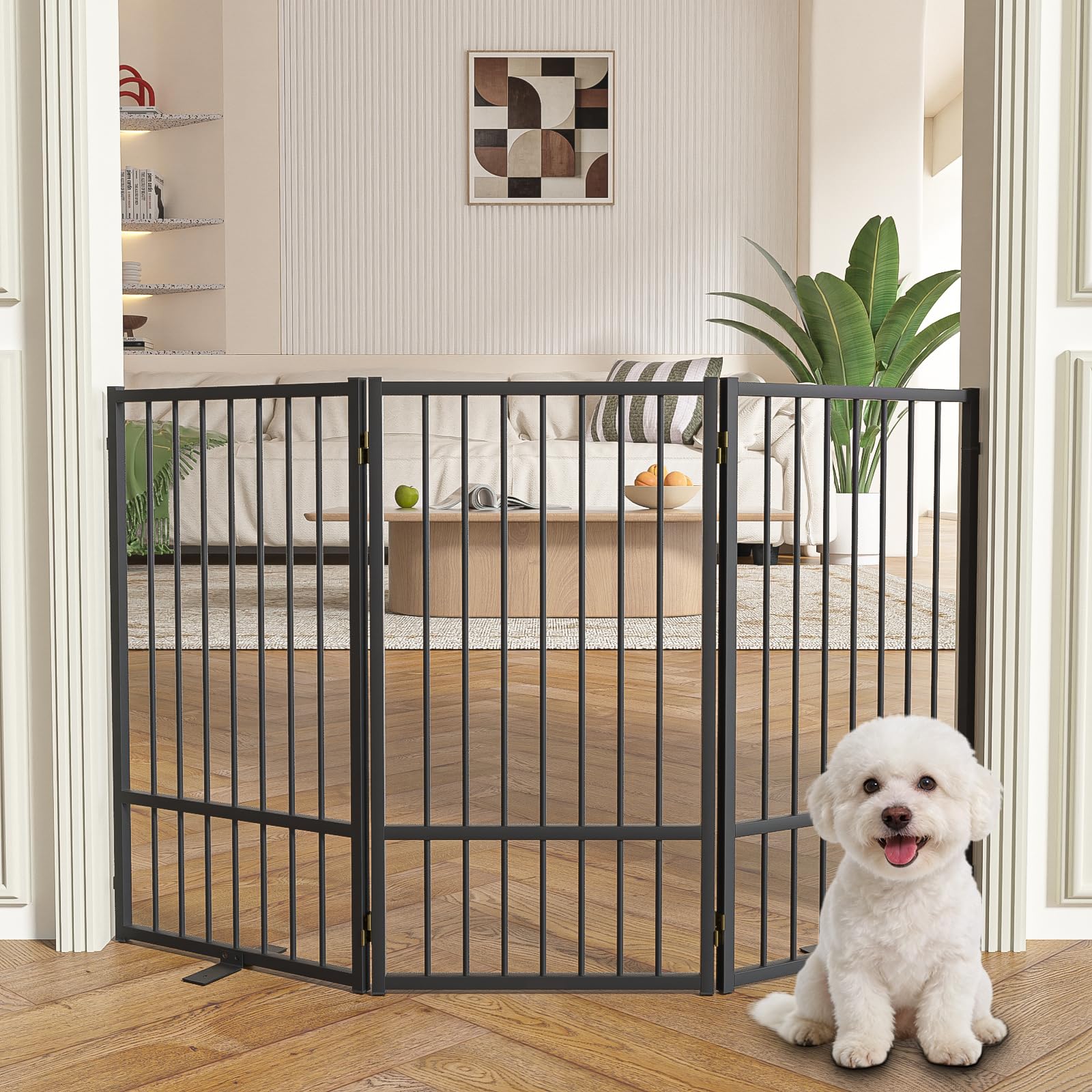SNUOWU Full Metal Freestanding Dog Gate with Door, 24'' Height Foldable Pet Dog Fence for Indoor & Outdoor, 2 Panels Extra Wide Free Standing SmallDog Gates for Doorways,House,Stairs,Porch,Deck,Yard