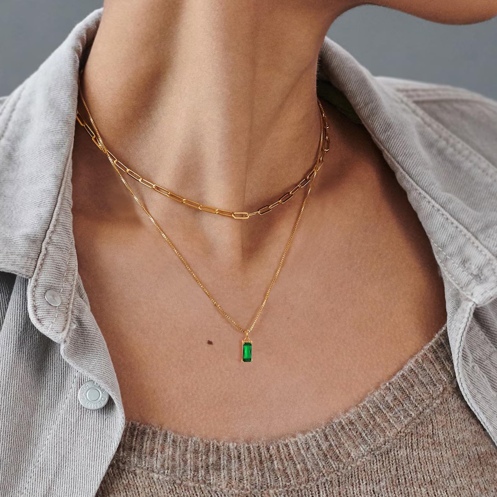 Dainty Gold Charm Necklaces for Women Non Tarnish, 14K Trendy Blue Green Cubic Zirconia Emerald Pendant Birthstone Necklaces Birthday Gifts for Women Waterproof Jewelry