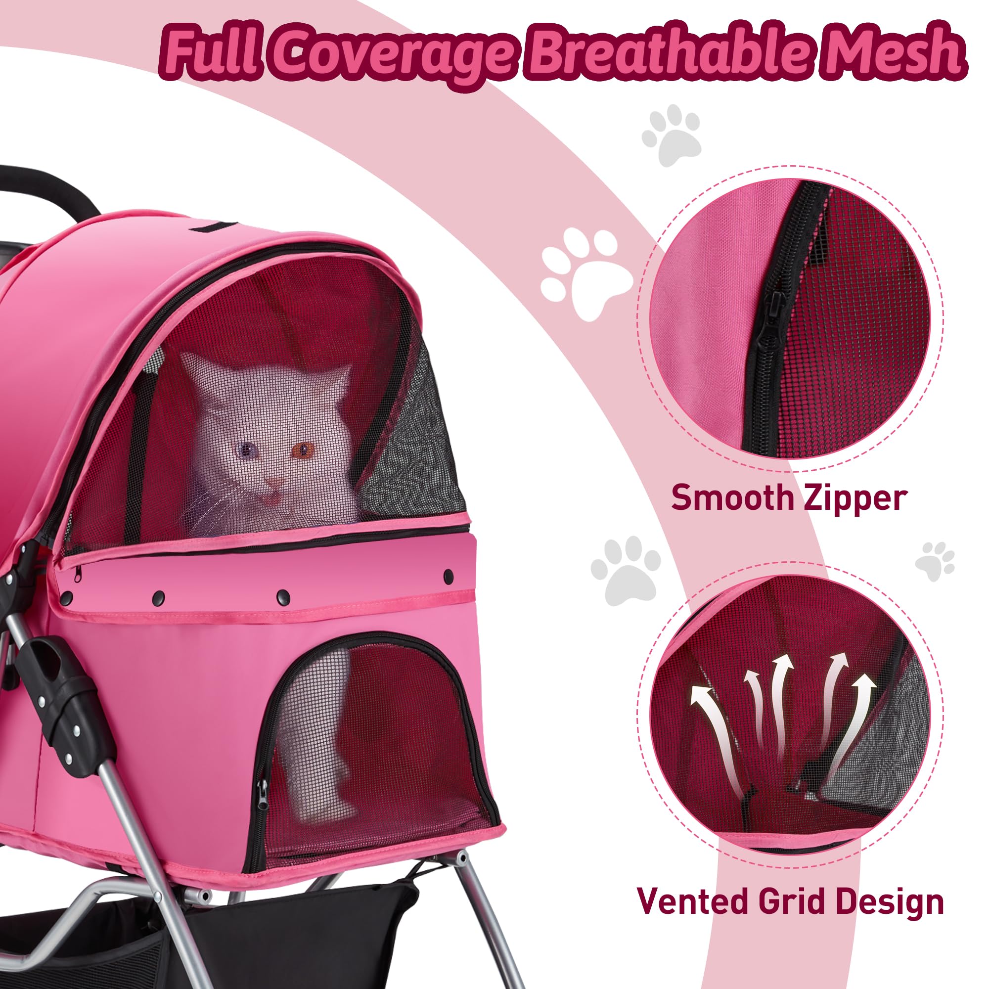 Pet Stroller, 4 Wheels Pet Strolling Cart for Medium/Small Dogs and Cats, Foldable Cat Jogger/Dog Stroller with Cup Holder, Storage Basket, Breathable Mesh, All-Season Pet Carrier, Black