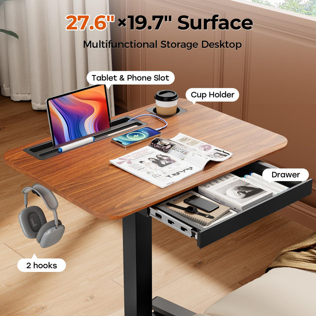 Small Mobile Standing Desk with Drawer, 23.6"x19.7" Rolling Laptop Cart on Wheels, Height Adjustable Sit Stand Computer Workstation with Storage for Compact Space, Black