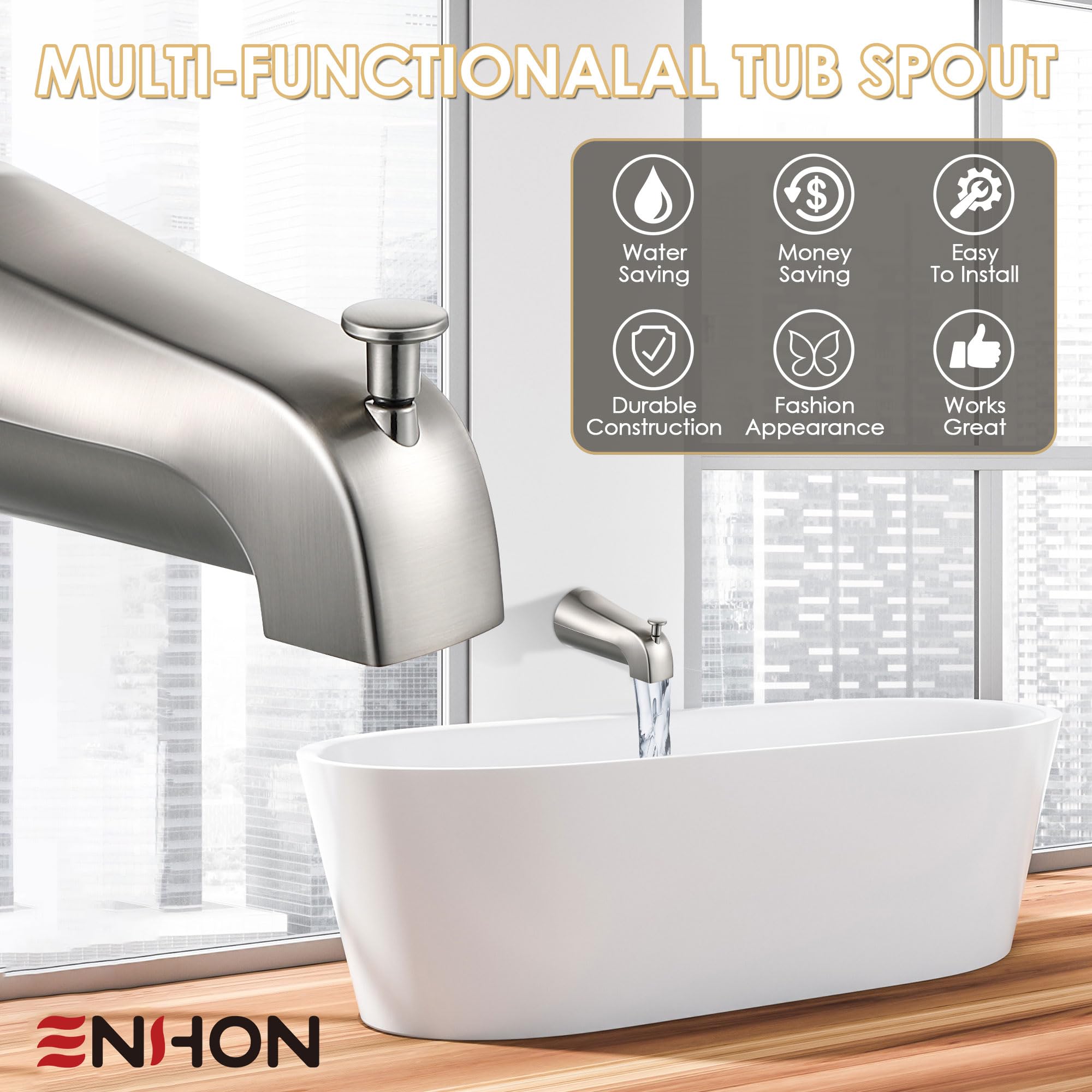 Enhon Slip on Tub Spout with Diverter, Compatible with American Standard 8888026.002 Tub Spout, Bathroom Bathtub Faucet, Fits 1/2 Copper Water Tube(5/8 Dia), 5/32 Hex Wrench(Brushed Nickel,1)
