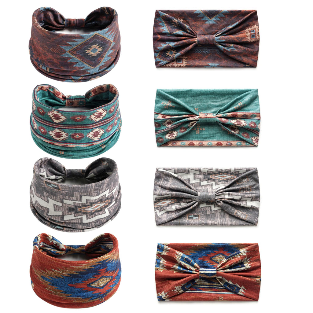 Boho Headbands For Women Fashion Stretch Wide Hair Bands Knoted Turban Head Bands Yoga Running Sweatband Elastic Headband Stylish Wrap Headbands Hair Accessories for Teen Girls 4 Pack