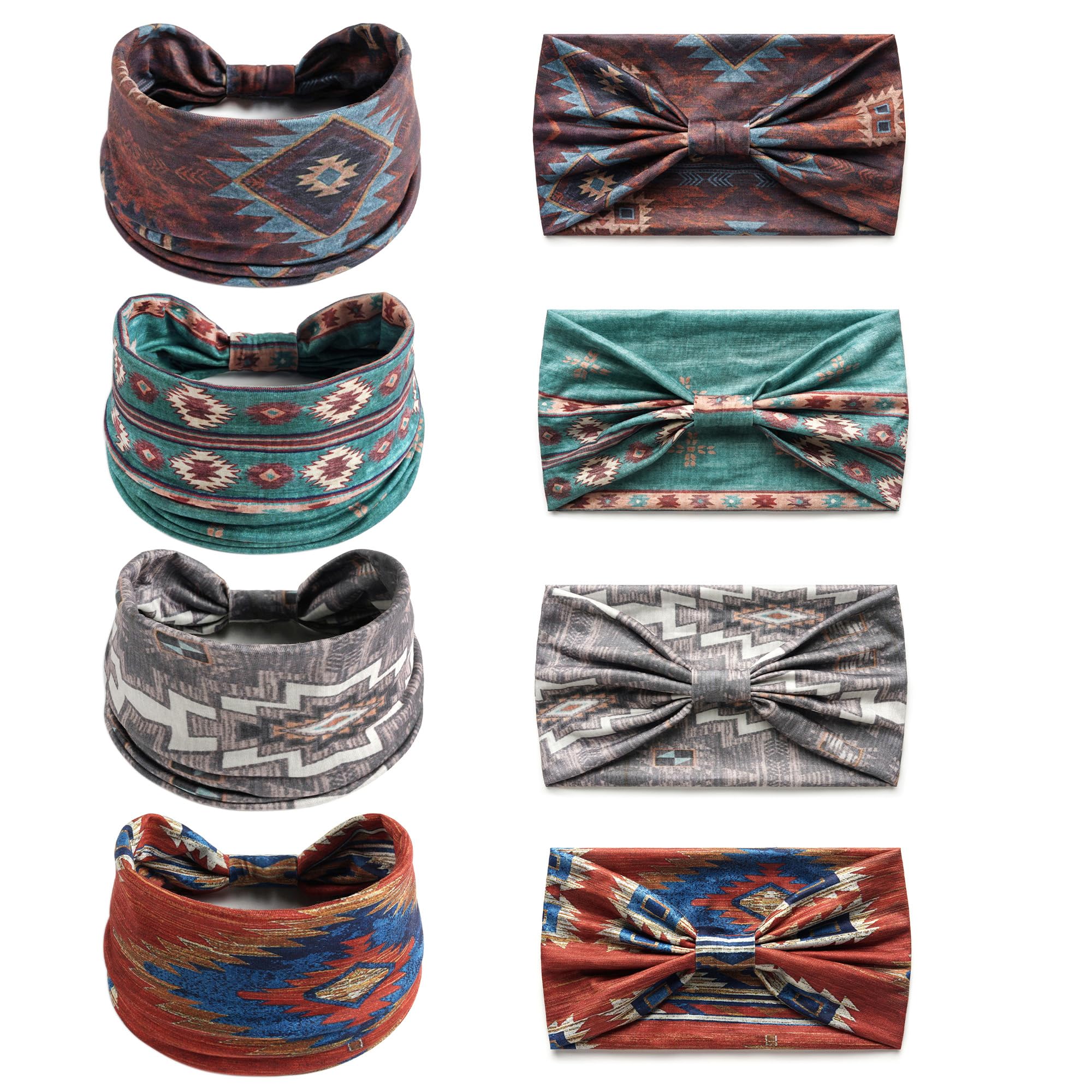 Boho Headbands For Women Fashion Stretch Wide Hair Bands Knoted Turban Head Bands Yoga Running Sweatband Elastic Headband Stylish Wrap Headbands Hair Accessories for Teen Girls 4 Pack