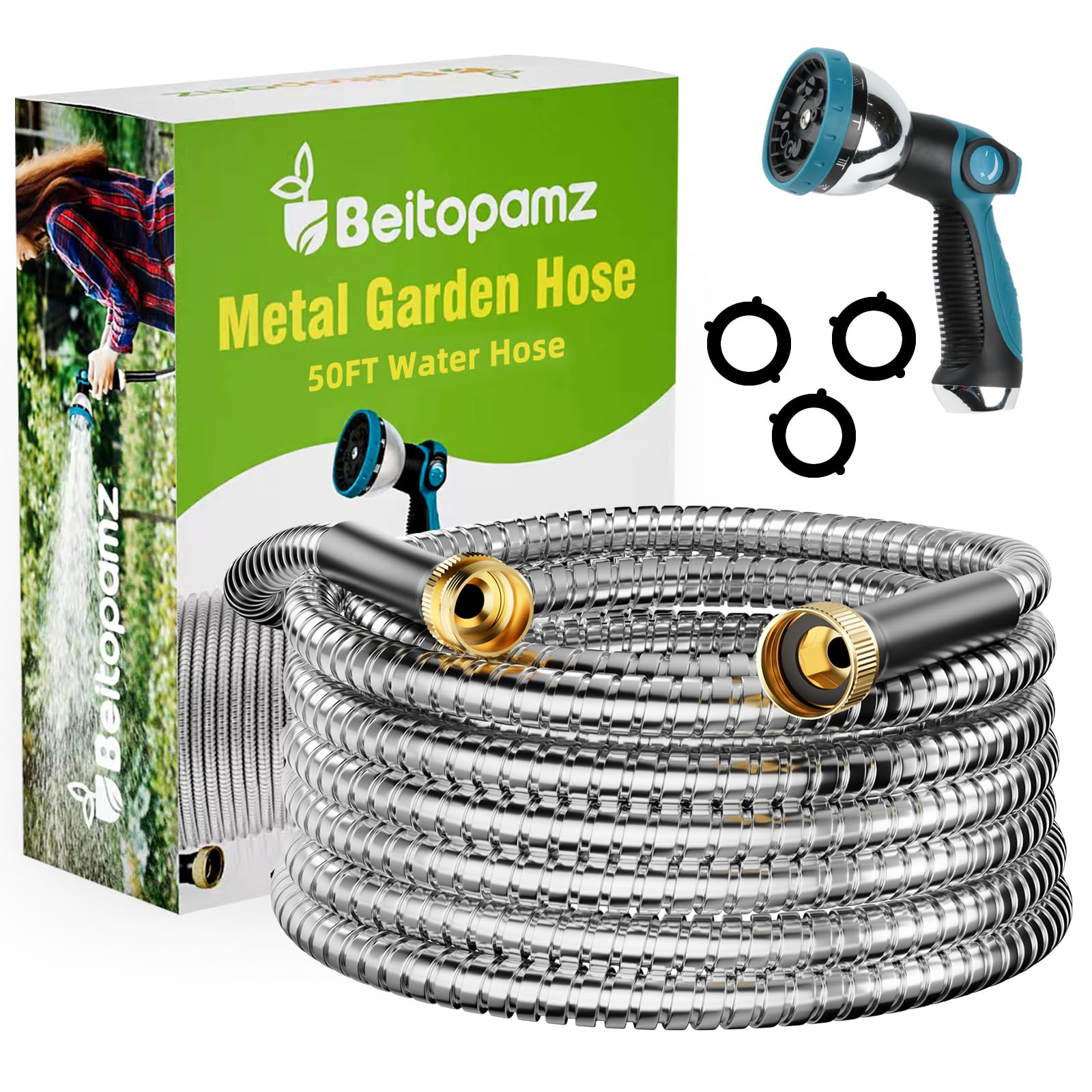 Beitopamz Garden Hose 25 ft, Stainless Steel Metal Water Hose with Nozzle, Flexible and Durable, Rust Proof, No-Kink, Heavy Duty, Leakproof 3/4'' Brass Fittings, Lightweight Hose for Patio, Lawn
