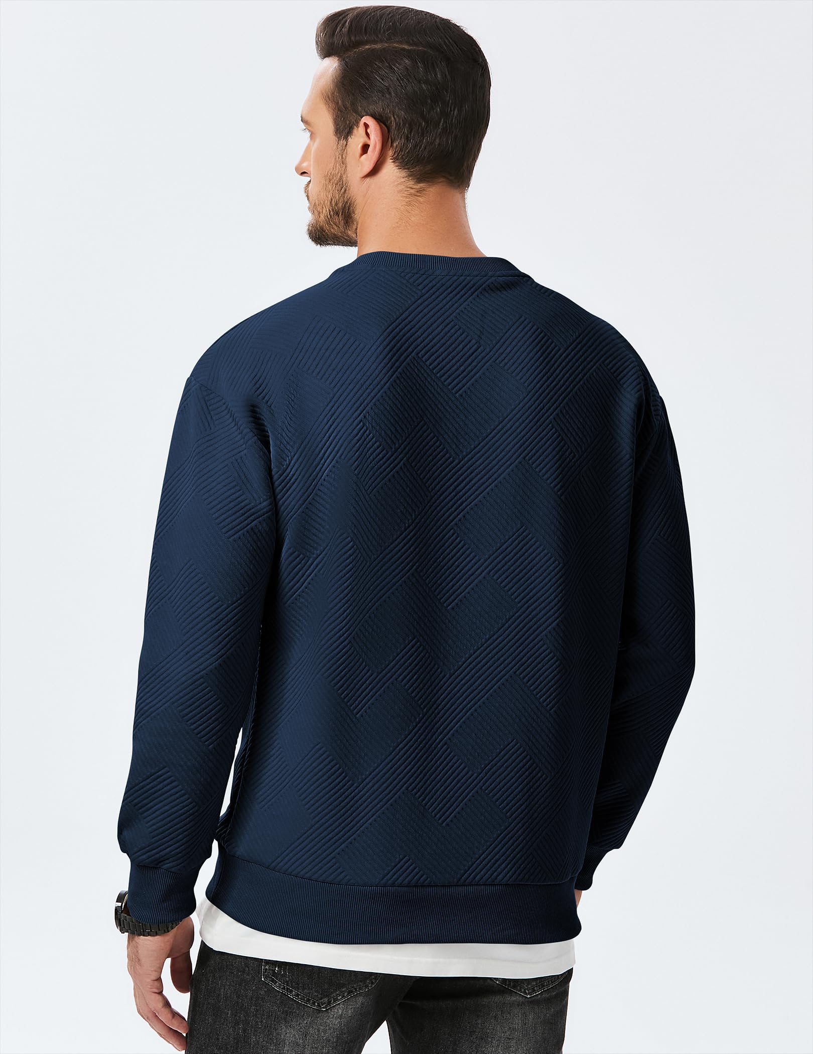 Dokotoo Men Men's Crewneck Sweatshirts Soild Color Geometric Texture Long Sleeve Casual Pullover Shirt