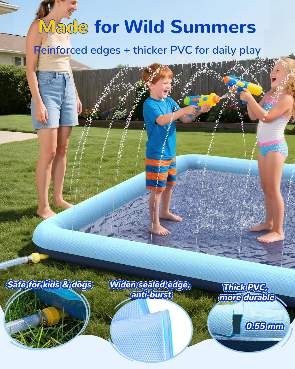VISTOP 67" Non-Slip Splash Pad for Kids and Dogs, Thickened Sprinkler Pool for Toddlers, Outdoor Backyard Water Toys, Fun Fountain Play Mat for Babies, Children & Pets Blue