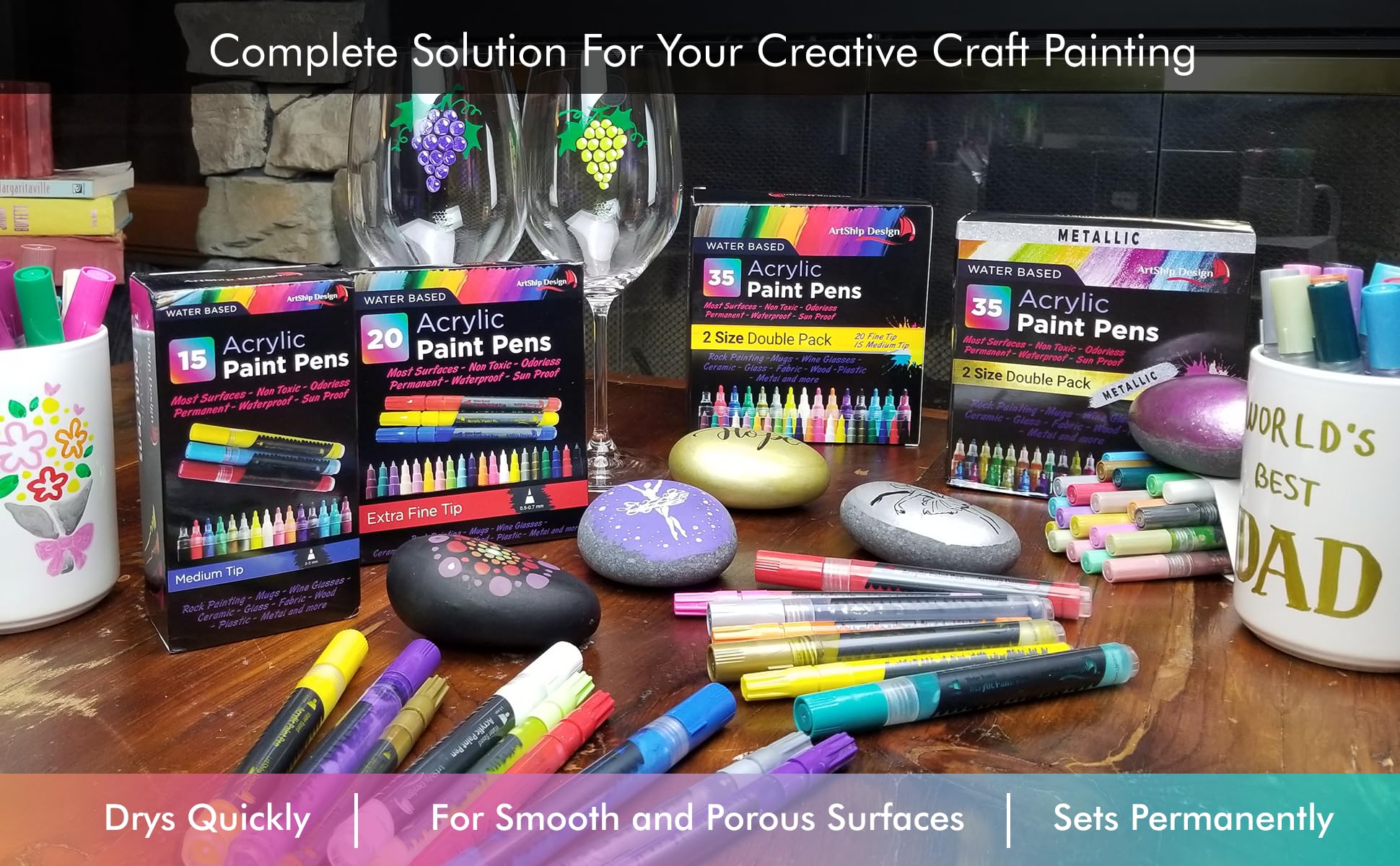 ArtShip Design 10 Black Acrylic Paint Pens, Double Pack of Both Extra Fine and Medium Tip Paint Markers, for Rock Painting, Mug, Ceramic, Glass, and Fabric Painting, Water Based Non-Toxic and No Odor