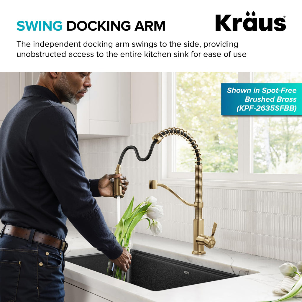 KRAUS Torak Pull Down Kitchen Faucet in Matte Black with Commercial Style Spring Spout, 2 Function Sprayer, Pre-Attached Water Lines, and Mounting Hardware, KPF-2635MB
