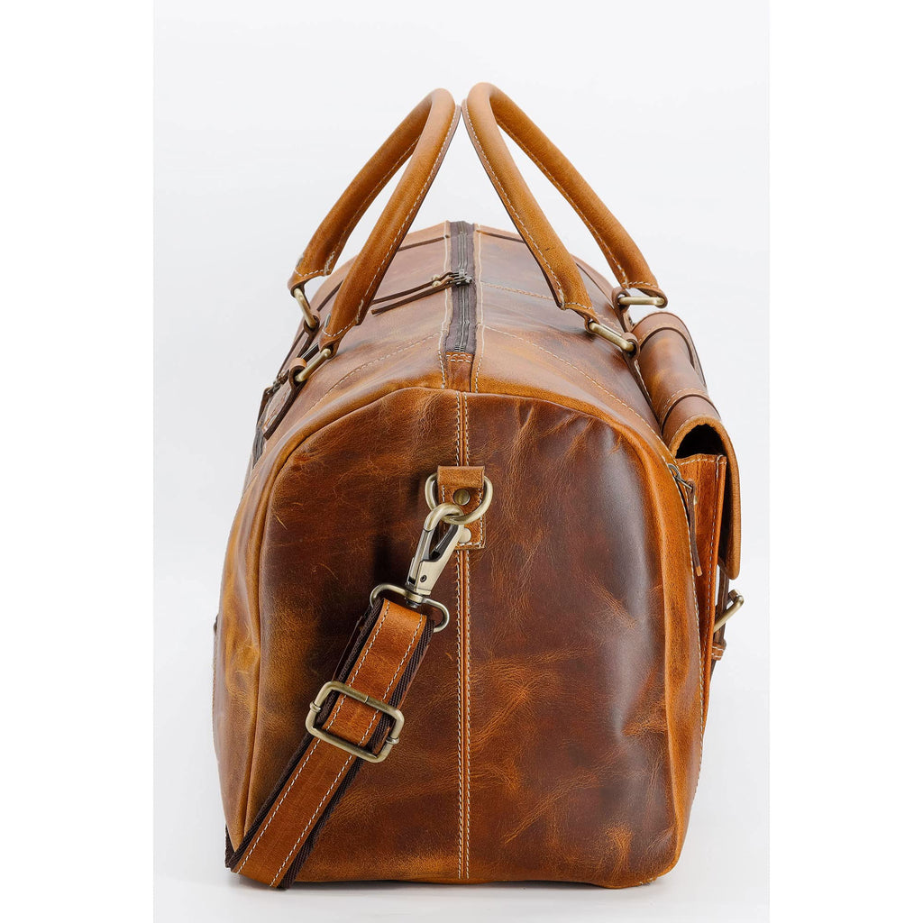 KomalC Leather Duffle Bags for Men and Women Travel Overnight Weekend sports bag holdall Gym Duffel for Men (Dark Tan, 20 Inch)