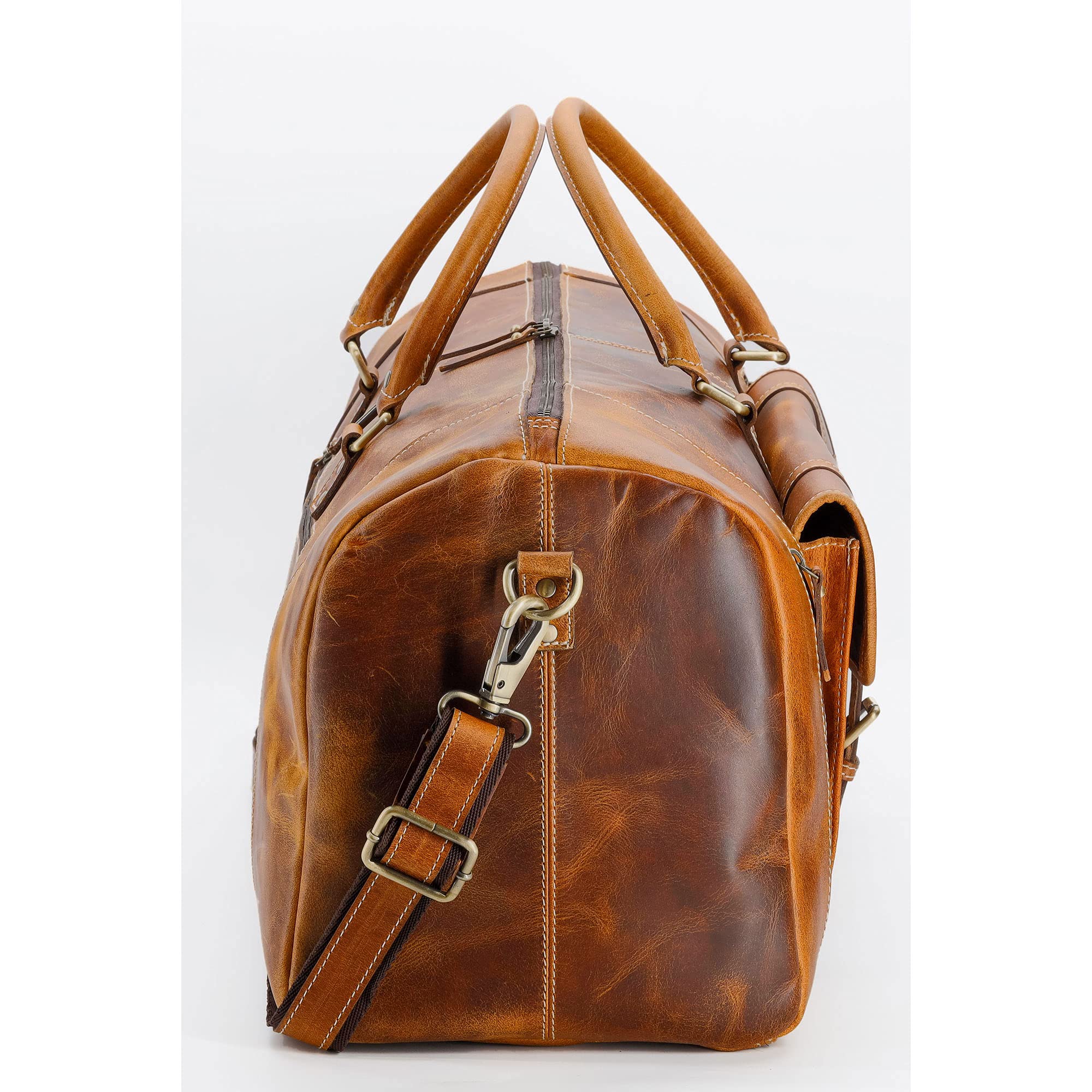 KomalC Leather Duffle Bags for Men and Women Travel Overnight Weekend sports bag holdall Gym Duffel for Men (Dark Tan, 20 Inch)