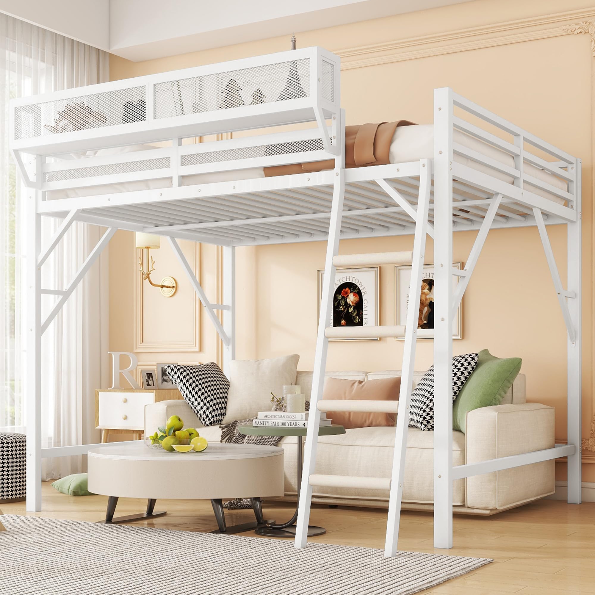Mirightone Full Size Loft Bed with Stairs, Metal Loft Beds, High Loft Bed Frame with Storage Shelves, Lofted Full Bed with Wardrobe for Kids and Teens, No Box Spring Needed (Black)