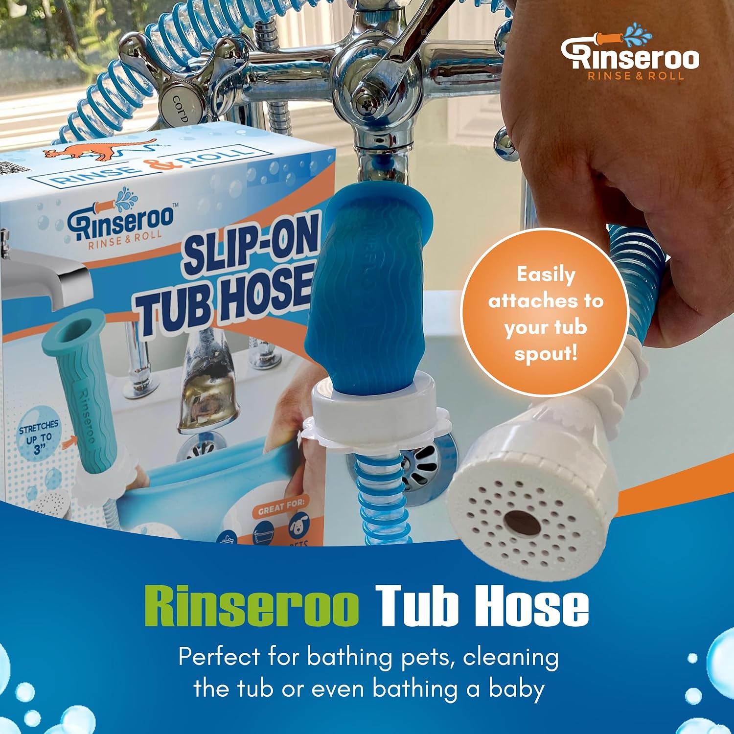 Rinseroo Slip-On Bathtub Faucet Sprayer Attachment. Ultra-Flex Dog Shower Hose Adapter Portable Hose Attachment with Sprayer Pet Showerhead Attach Tub Spout 5 Foot Hose. No Install for Speedy Washing